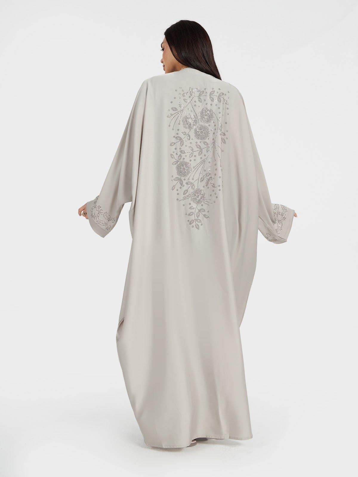 Elegant Light Grey Floral Embroidered V-Neck Abaya for Women