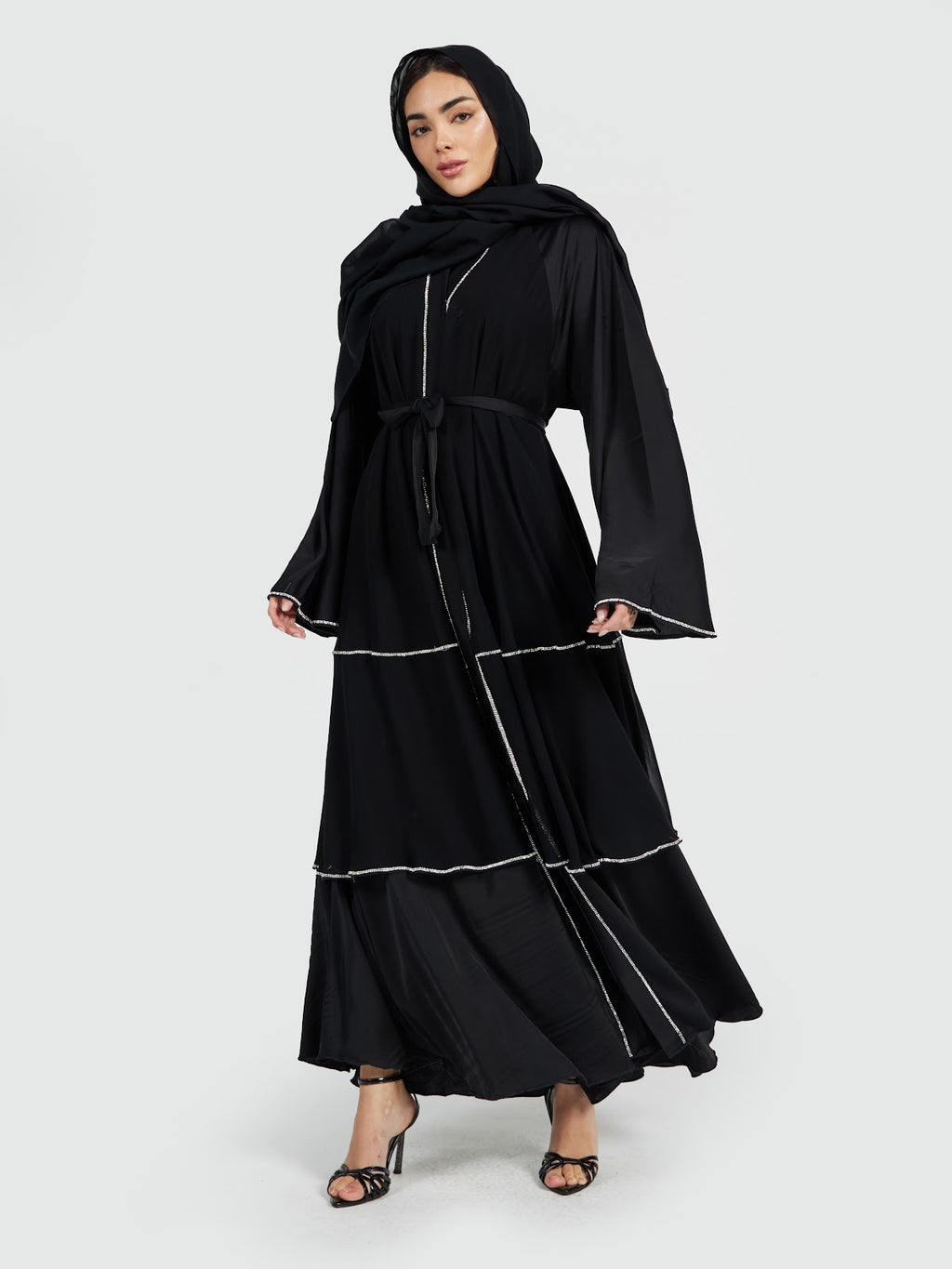Black Multi-Tiered Abaya with Silver Accents