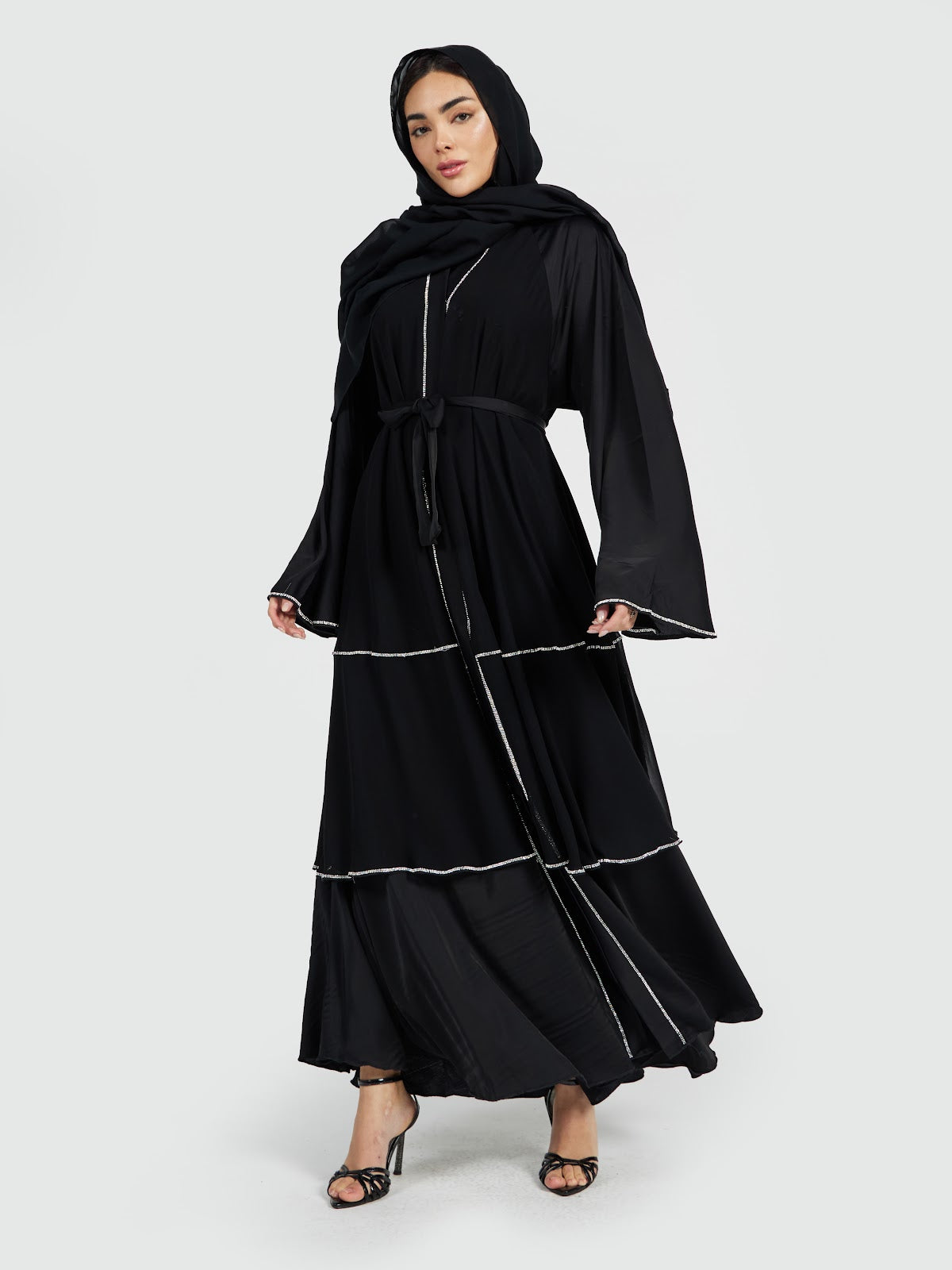 Black Multi-Tiered Abaya with Silver Accents
