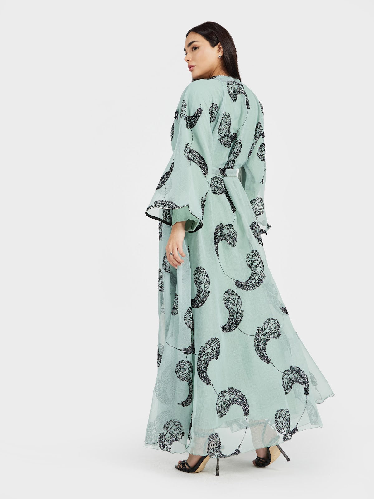 Mint Green Marble Print Organza Abaya with Feather Sequin Motifs
