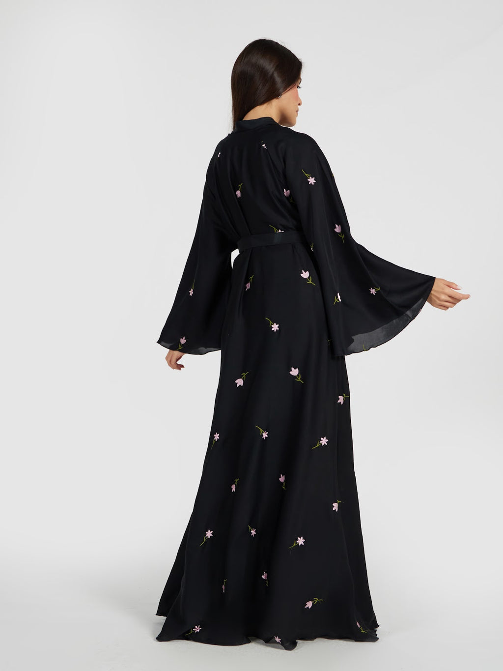 Women's Floral Embroidered Black Abaya - Modest Belted Kimono Style