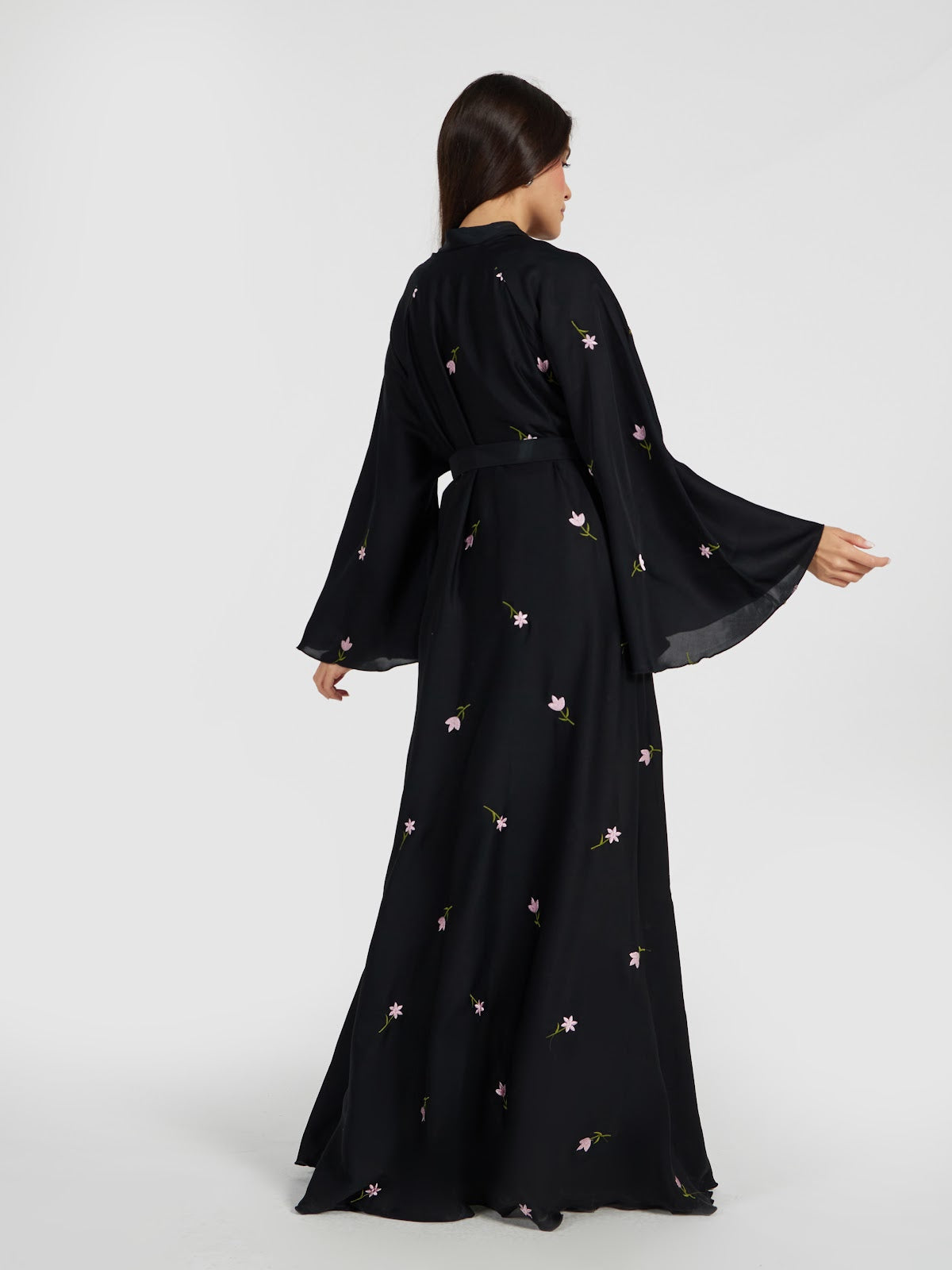 Women's Floral Embroidered Black Abaya - Modest Belted Kimono Style