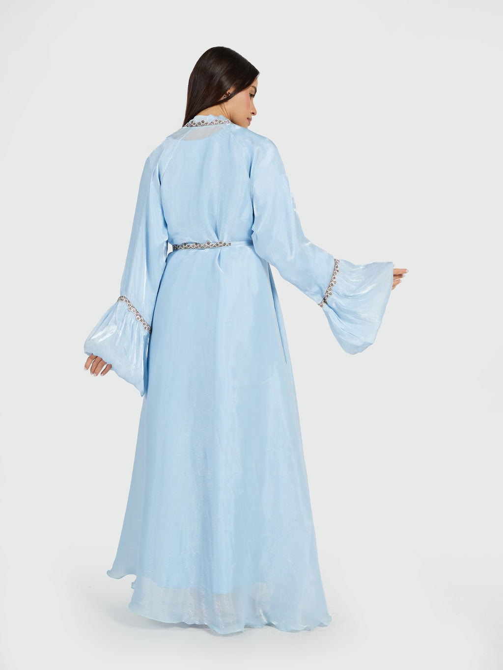 Sky Blue Shimmer Abaya Set with Beaded Bell Sleeves and Belt
