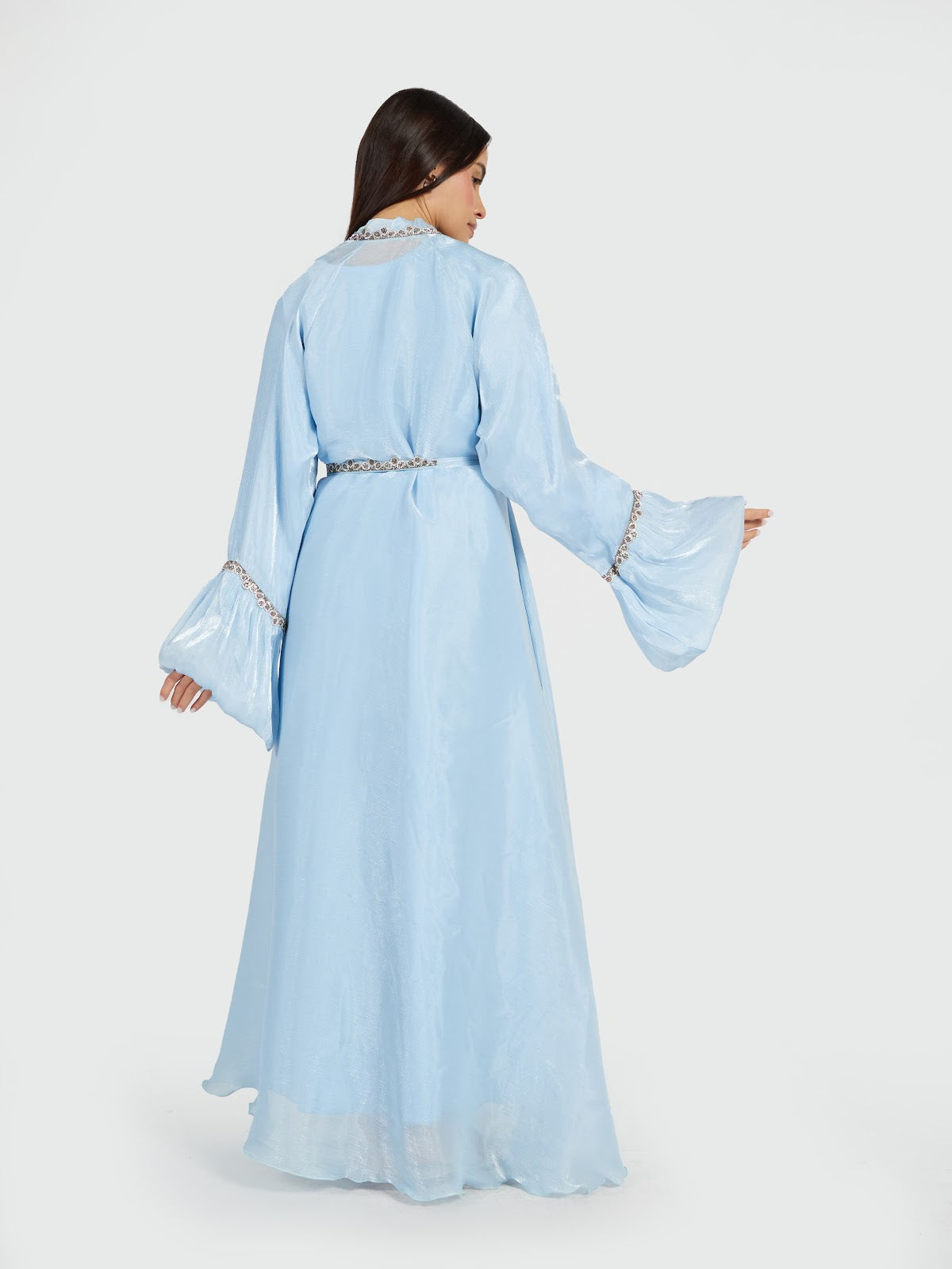 Sky Blue Shimmer Abaya Set with Beaded Bell Sleeves and Belt