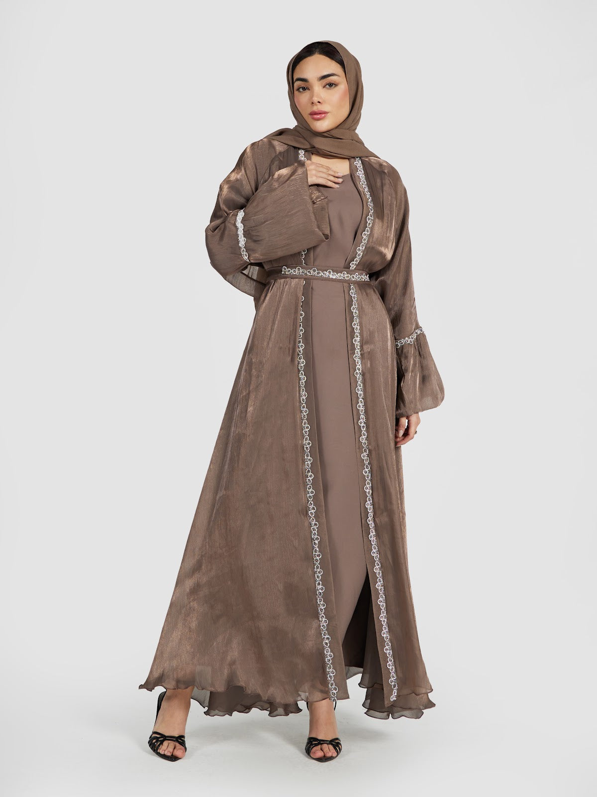 Metallic Bronze Flare Sleeve Abaya Set with Embellished Waistband