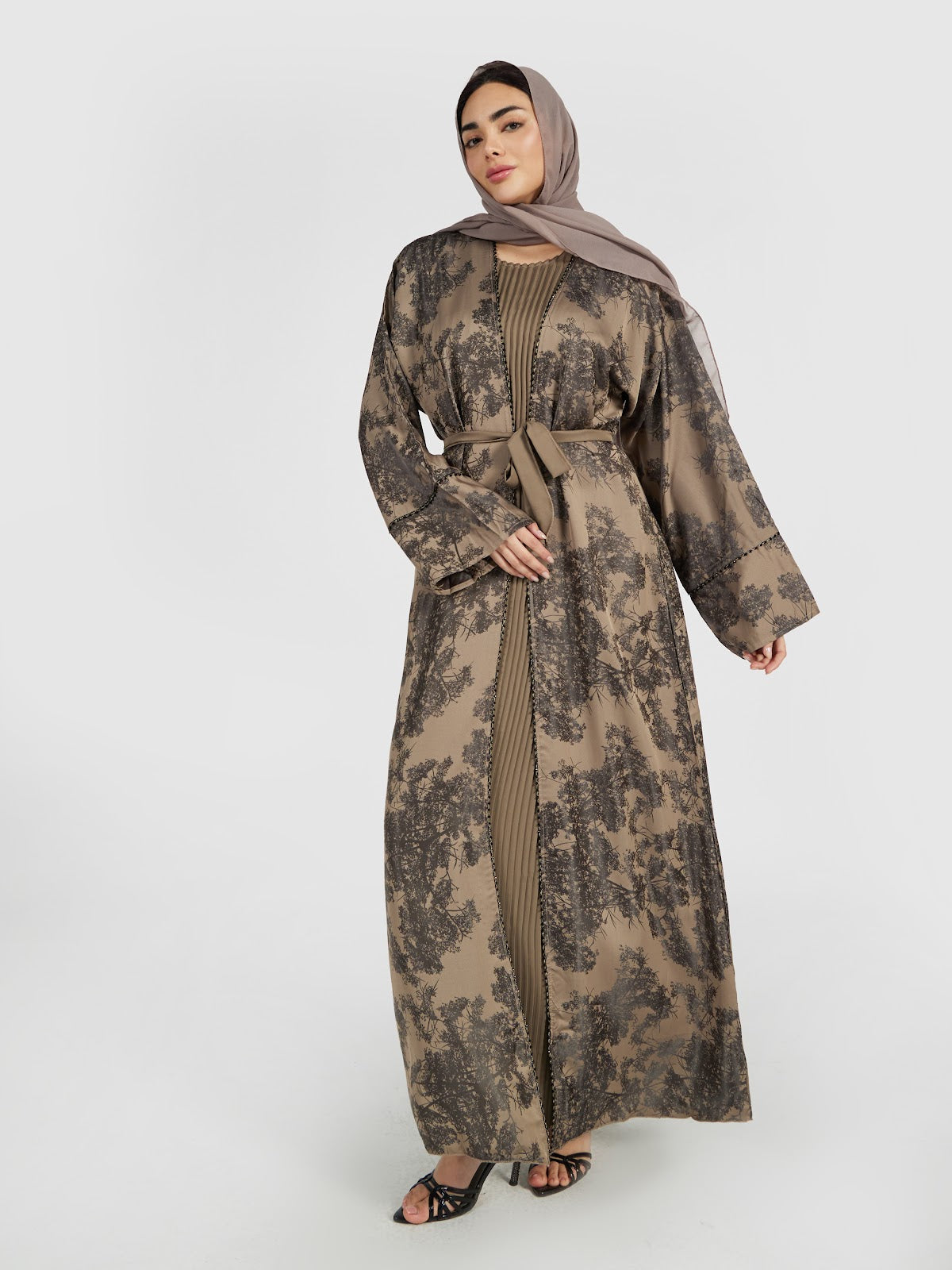 Taupe Floral Shadow Print Abaya with Pleated Inner