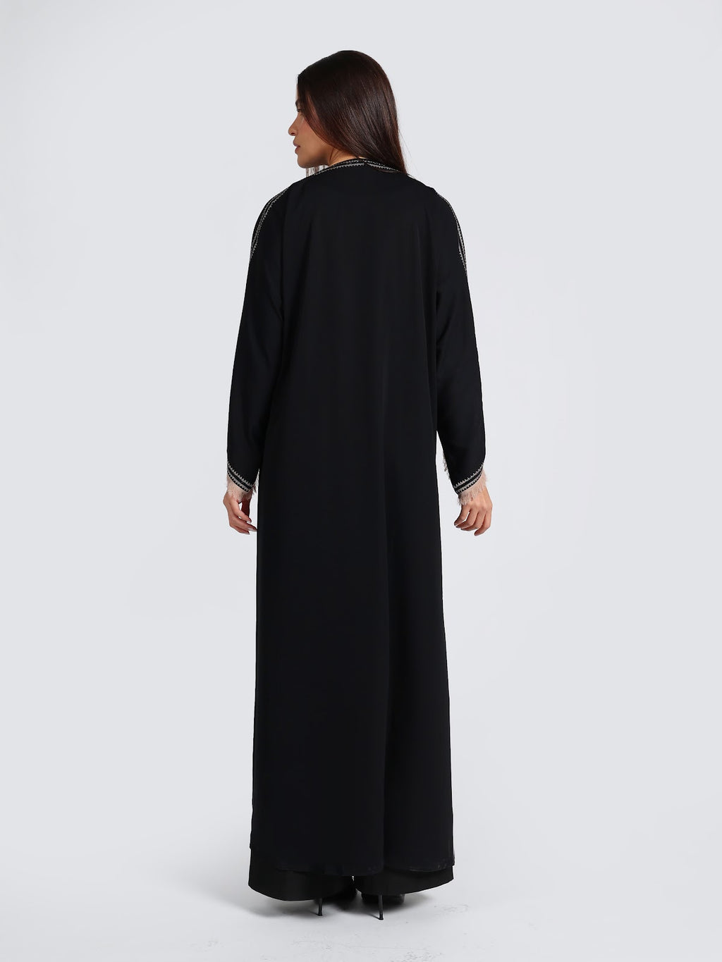 Sophisticated Black Abaya with White Contrast Stitching & Fringed Cuffs
