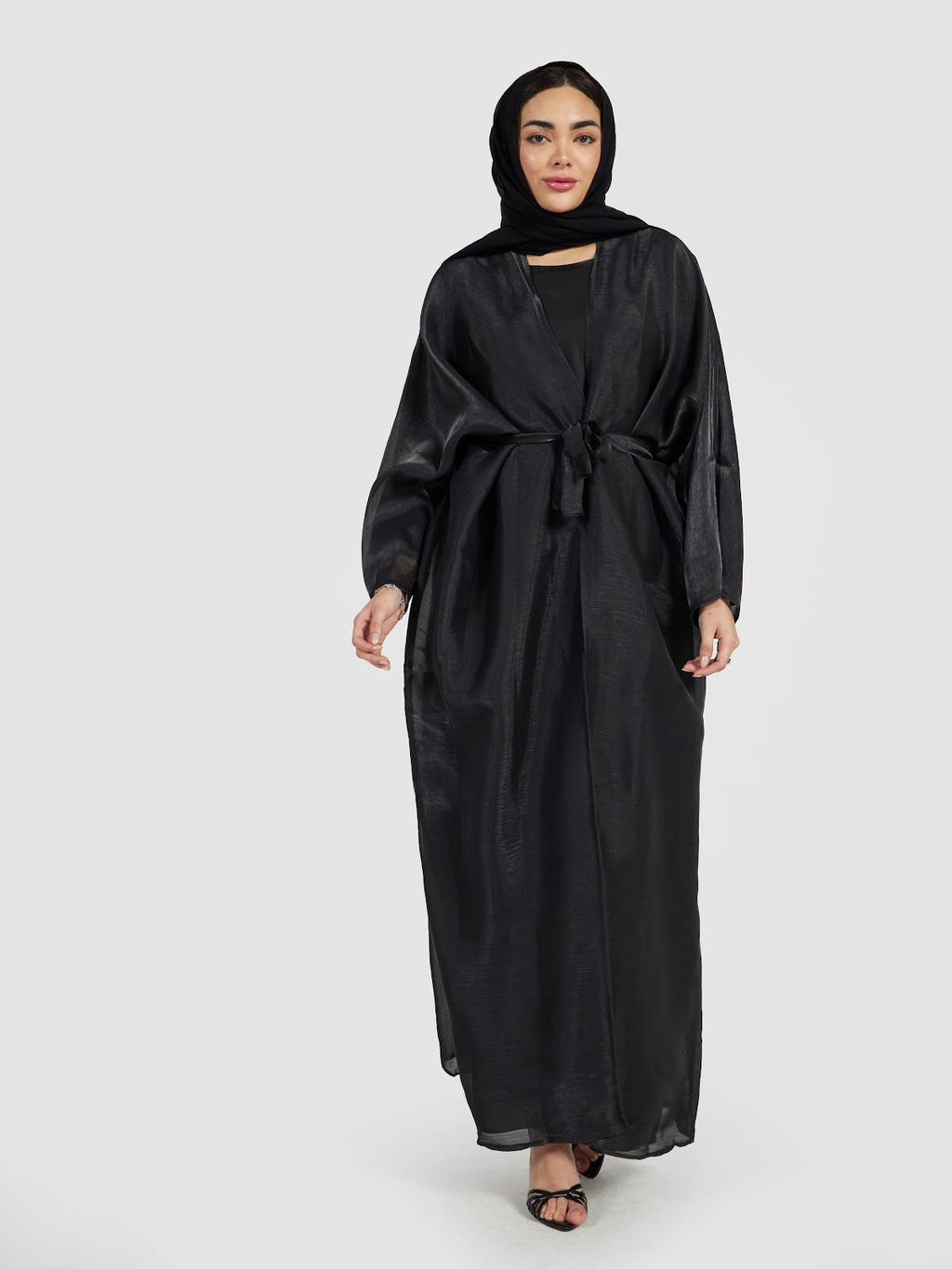 Shimmering Black Organza Layered Abaya with Tie Waist