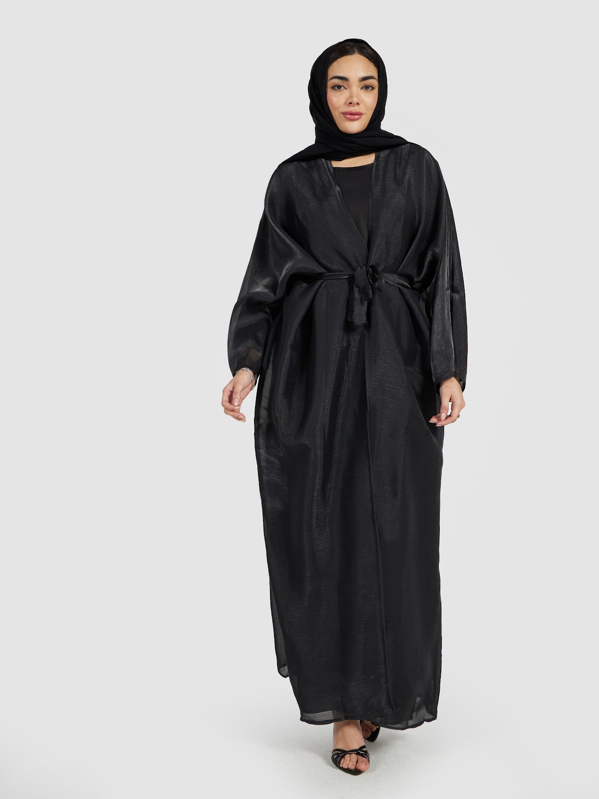 Shimmering Black Organza Layered Abaya with Tie Waist
