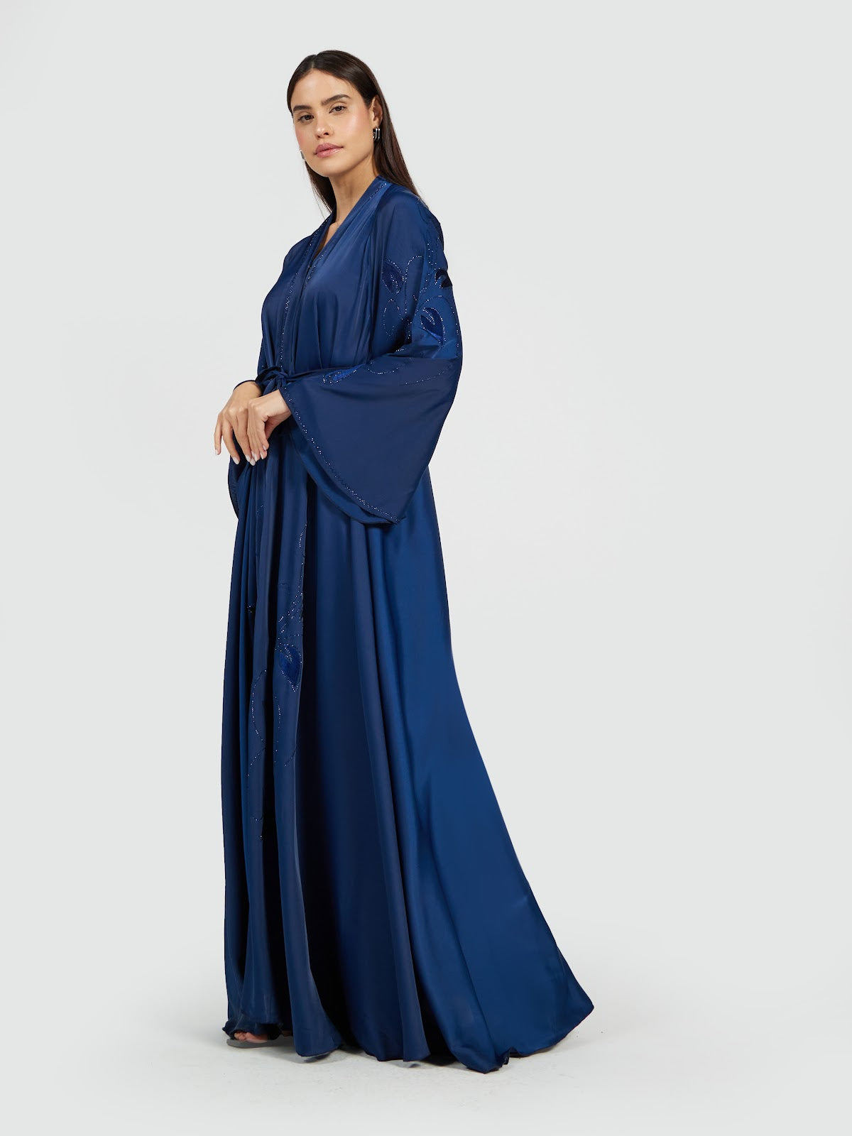 Midnight Blue Belted Satin Abaya with Leaf Embroidery