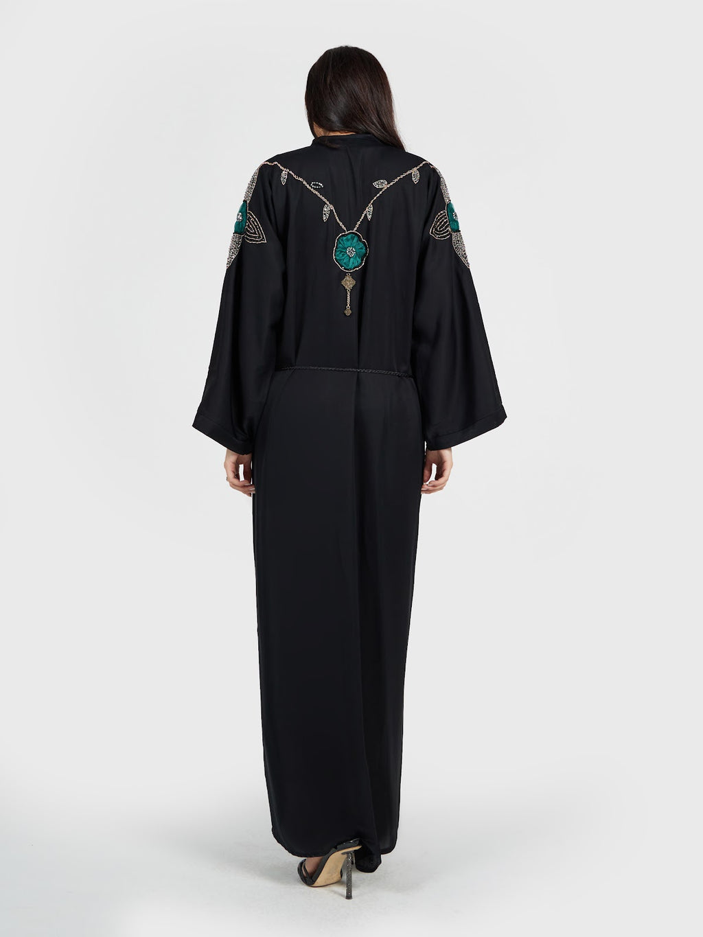 Designer Black Abaya with Emerald Green Crystal Shoulder Appliqué