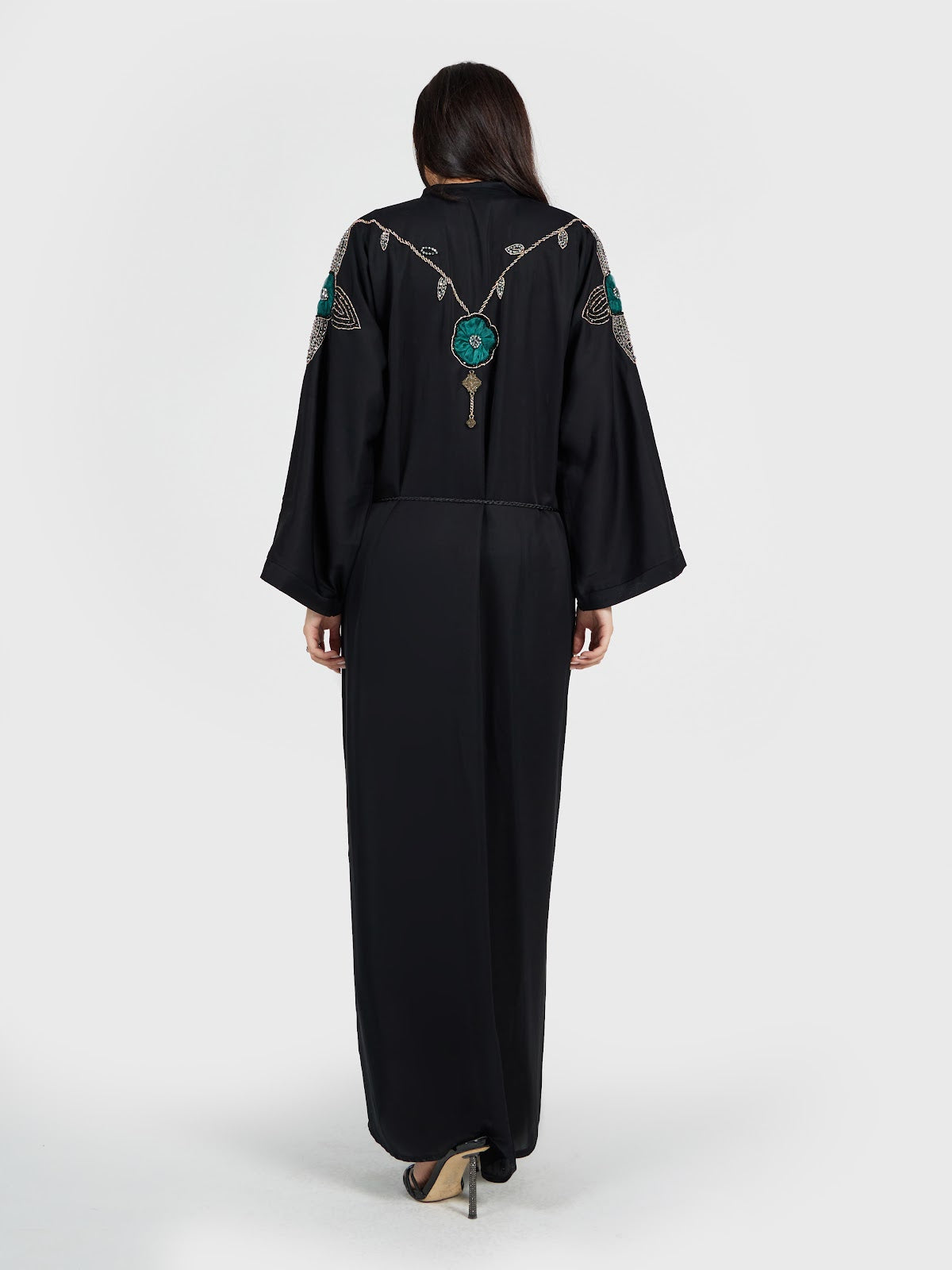 Designer Black Abaya with Emerald Green Crystal Shoulder Appliqué