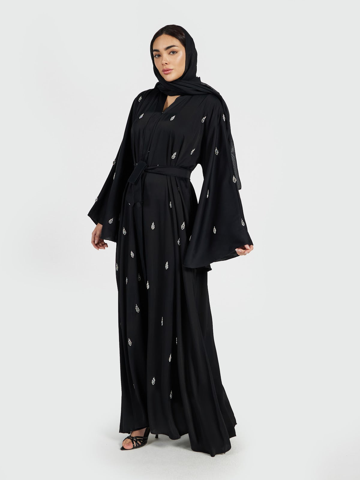 Bell Sleeve Embroidered Abaya with Matching Waist Belt
