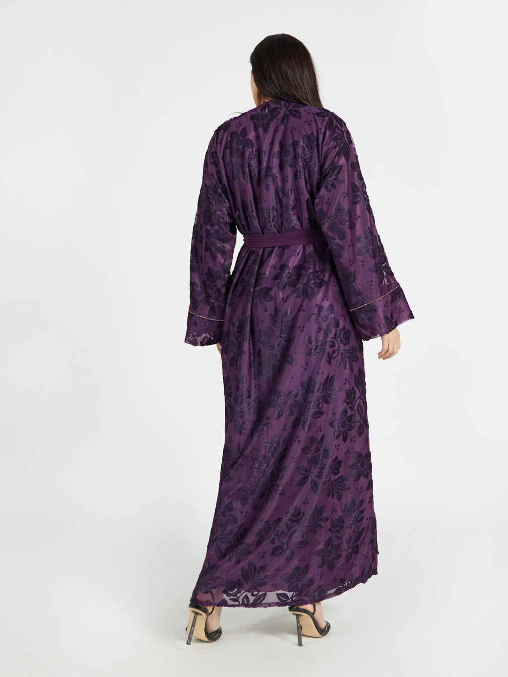 Deep Plum Textured Floral Lace Abaya Set