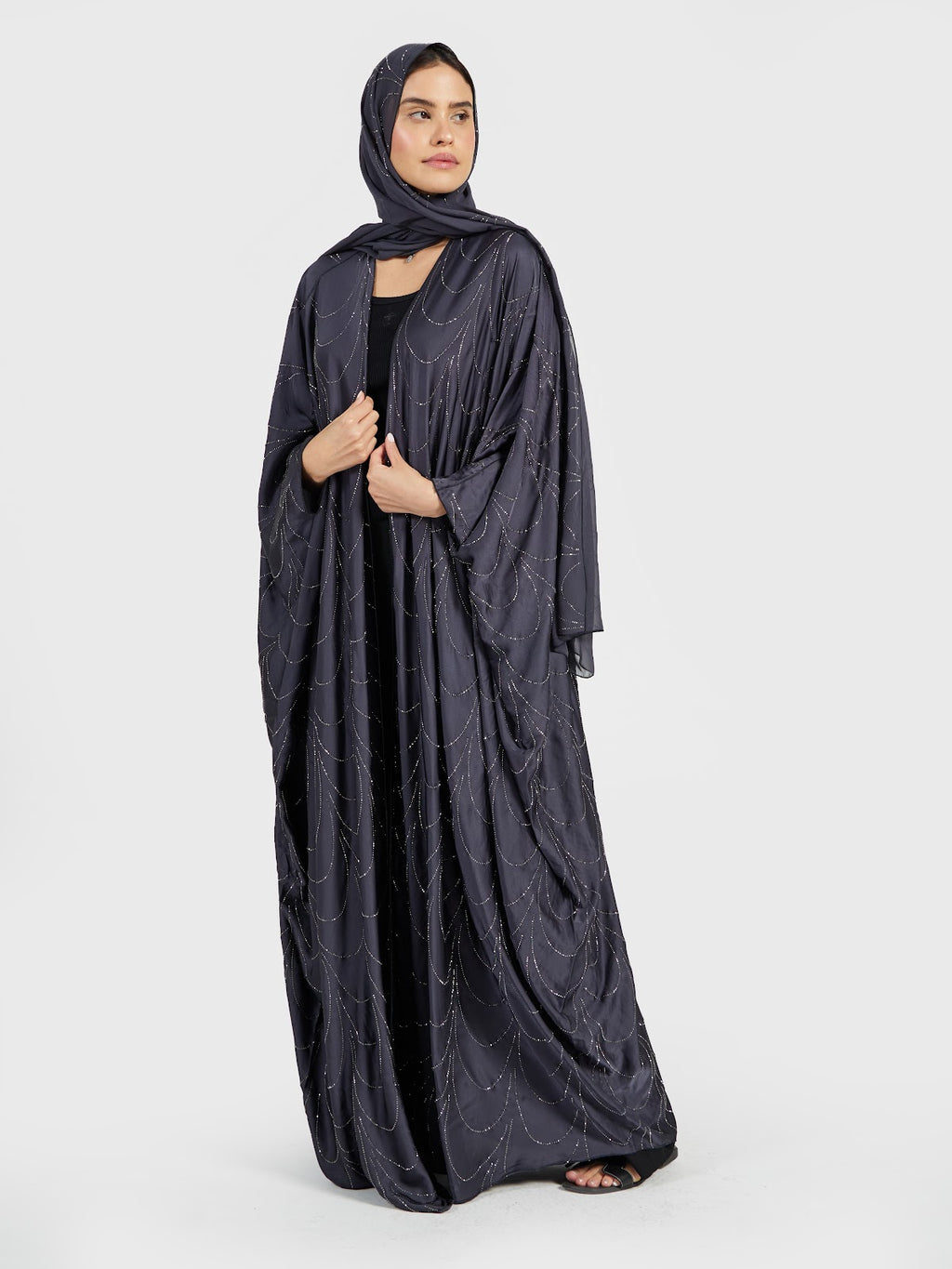 Women's Charcoal Grey Draped Abaya with Silver Sequin Wave Pattern