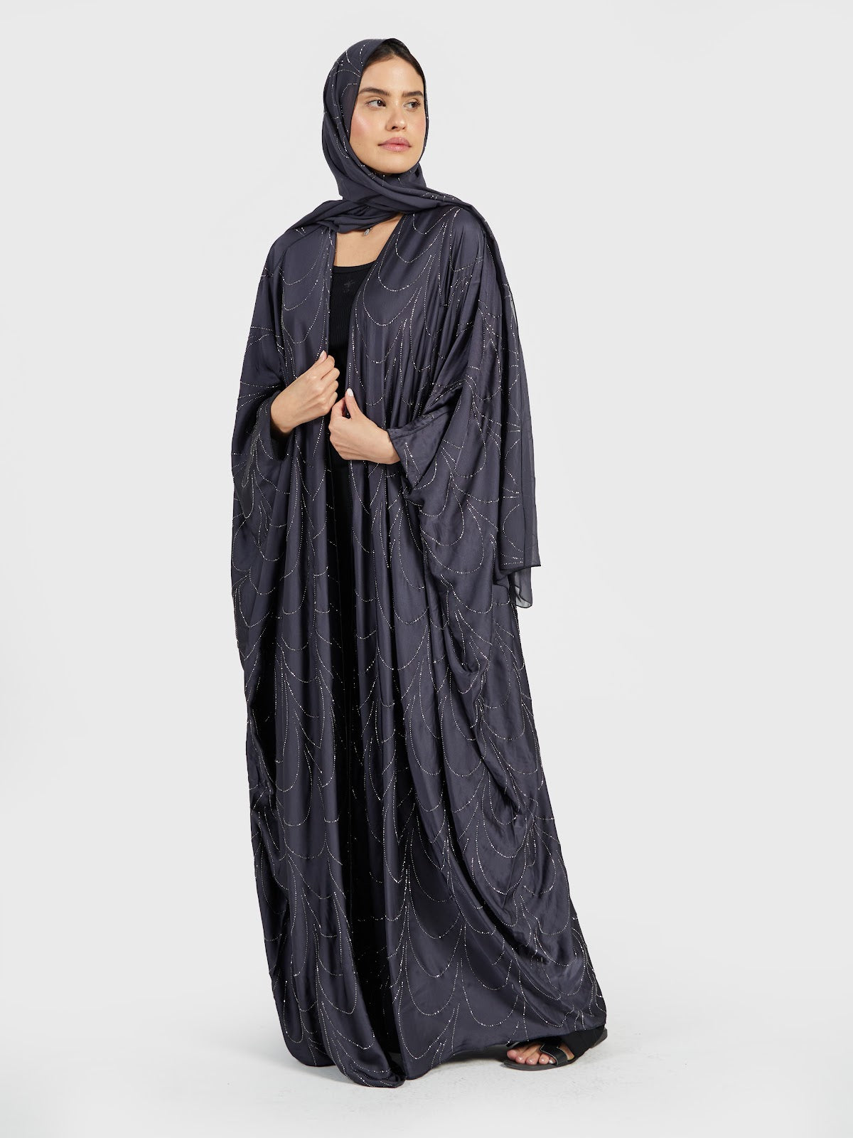 Women's Charcoal Grey Draped Abaya with Silver Sequin Wave Pattern