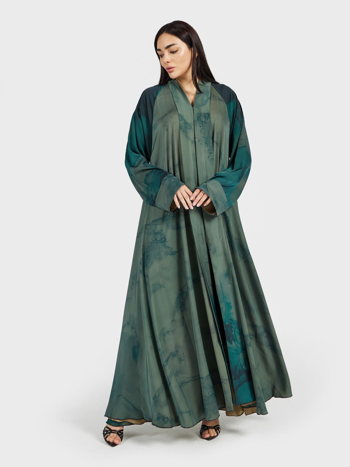 Forest Green Marble Print Flowing Abaya - Designer Modest Wear