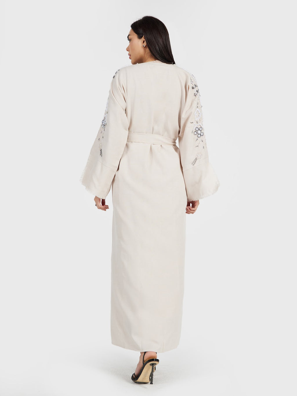 Women's Linen Embroidered Abaya - Elegant Beige Open Front Kaftan with Belt