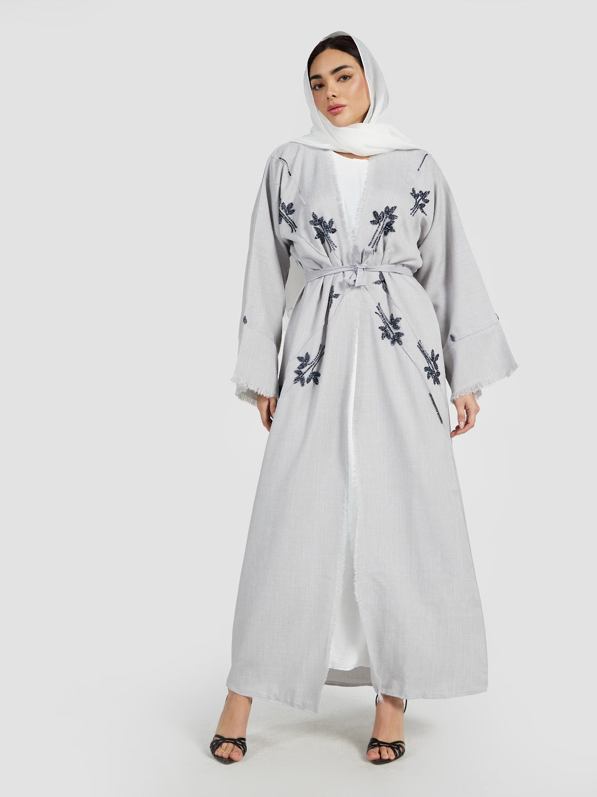 Grey Linen-Look Abaya with Navy Floral Embroidery and Fringed Hem