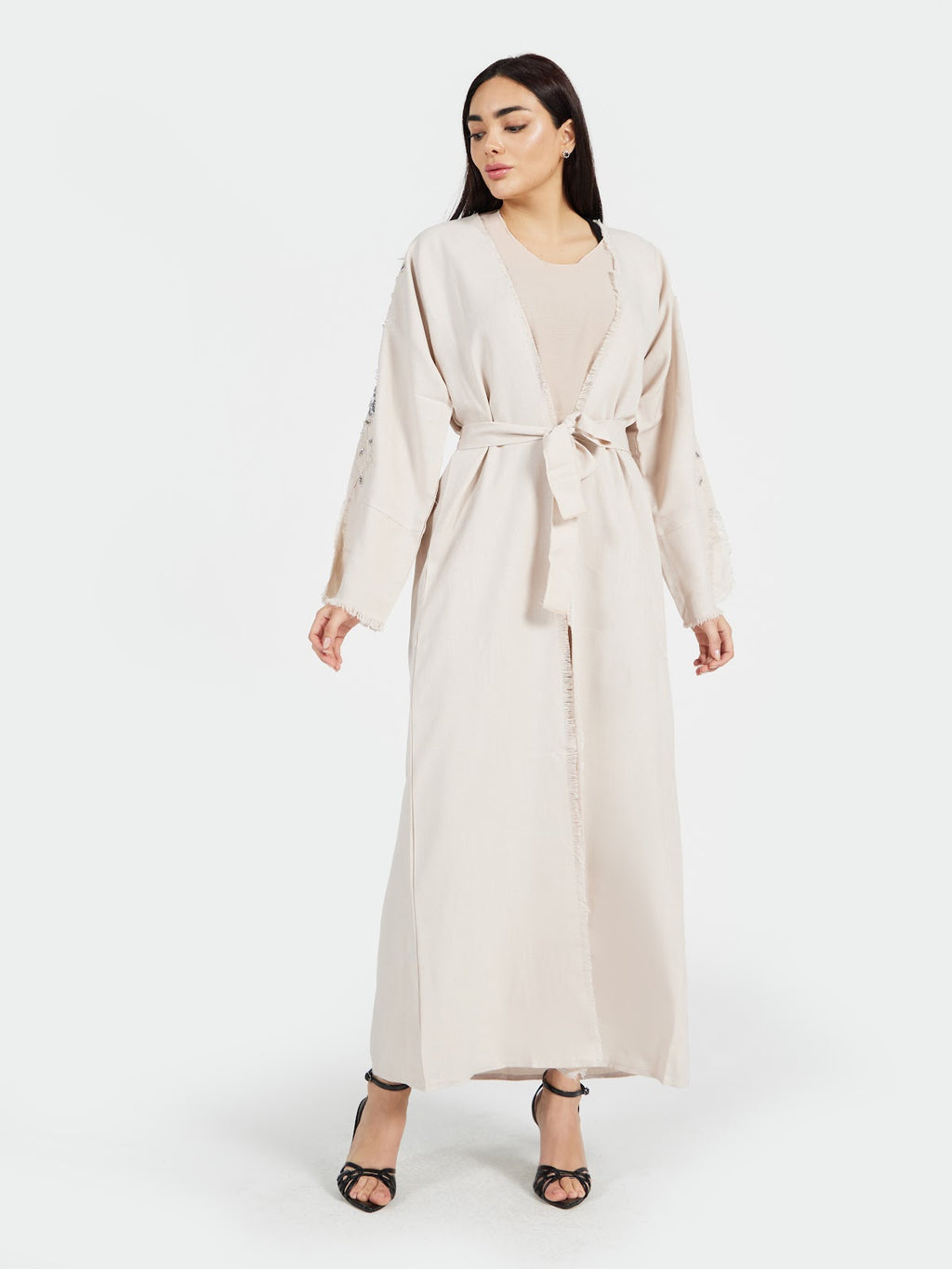 Women's Linen Embroidered Abaya - Elegant Beige Open Front Kaftan with Belt