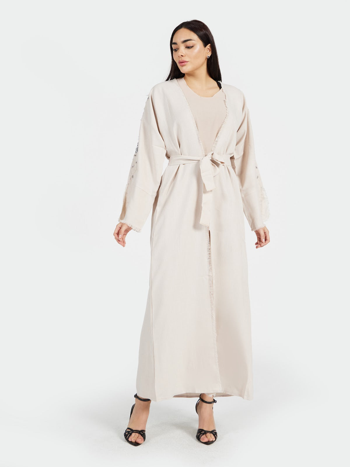 Women's Linen Embroidered Abaya - Elegant Beige Open Front Kaftan with Belt