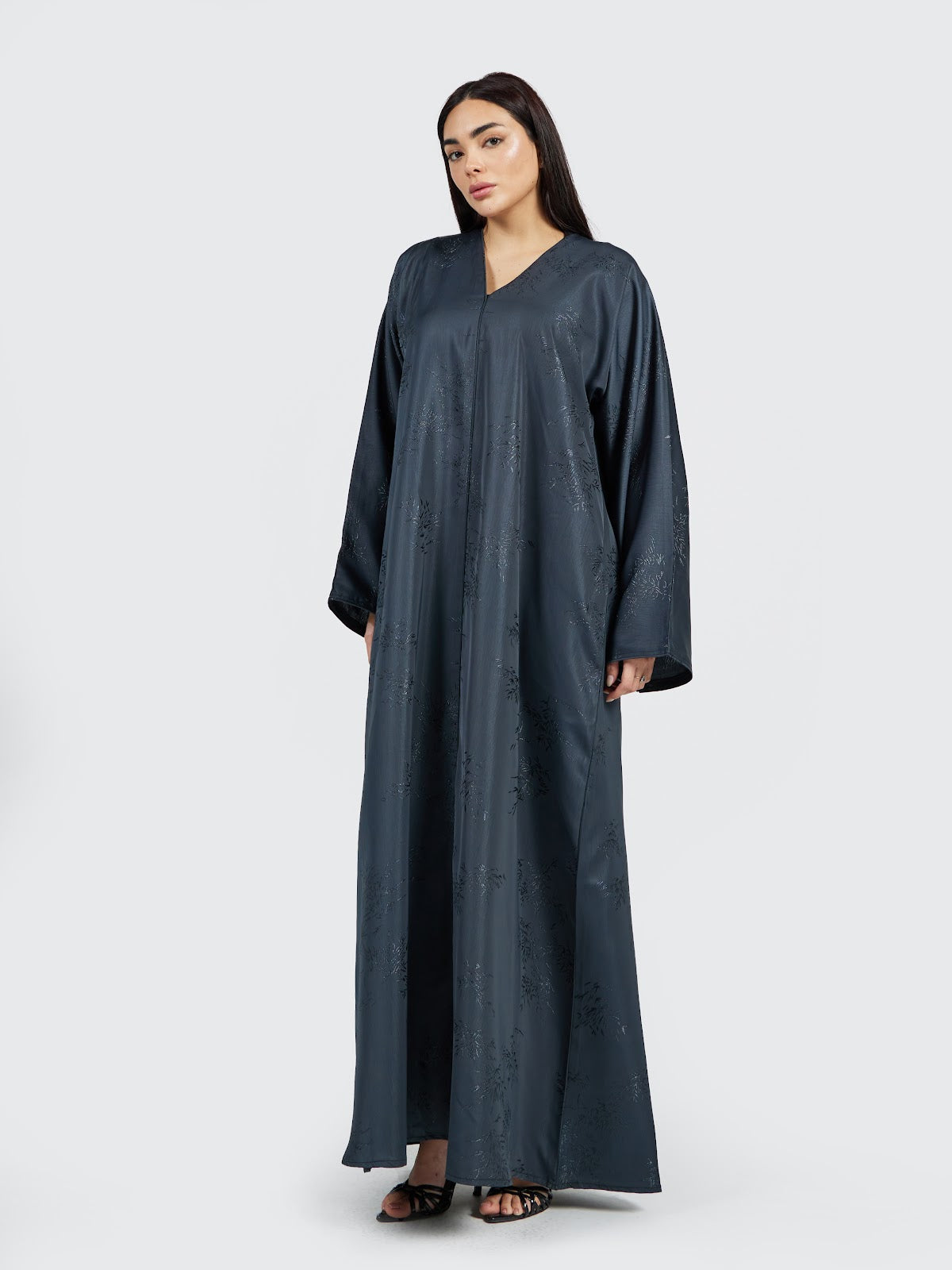 Slate Blue Tonal Jacquard Abaya - Textured Modest Maxi Dress