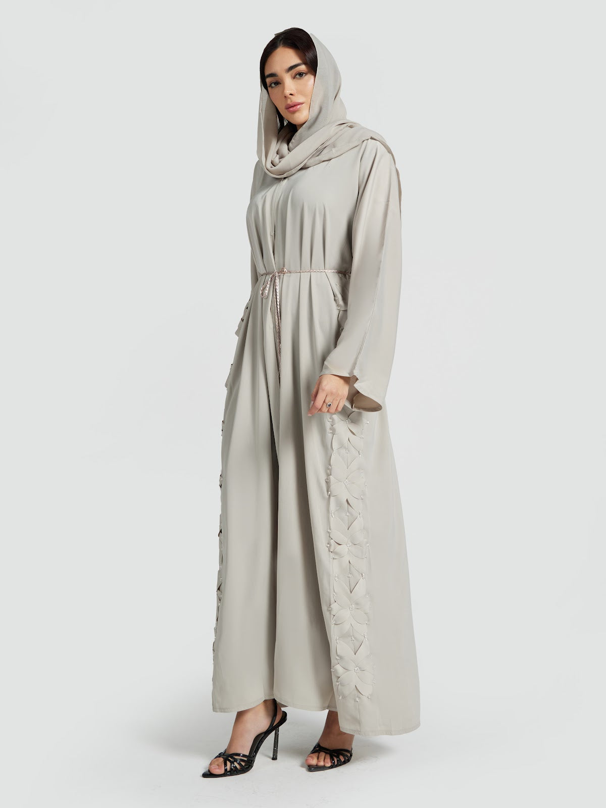 Light Beige Cut-Work Floral Abaya - Contemporary Modest Outerwear