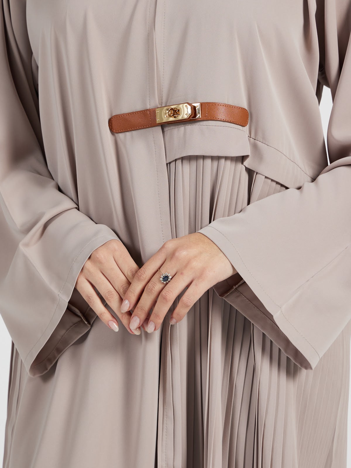 Taupe Pleated Panel Abaya with Leather Buckle Detail