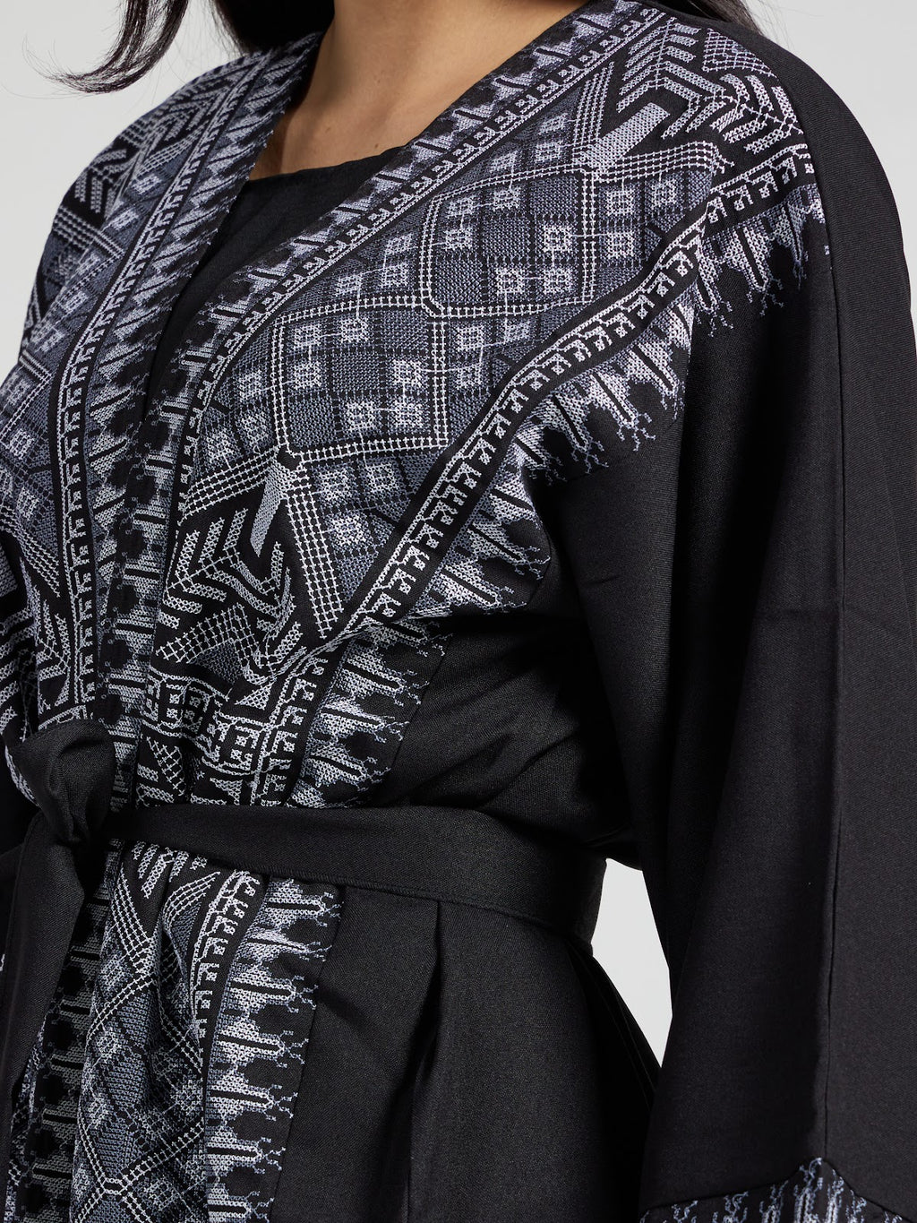 Women's Tribal Geometric Embroidered Abaya - Black & Blue Modest Kaftan