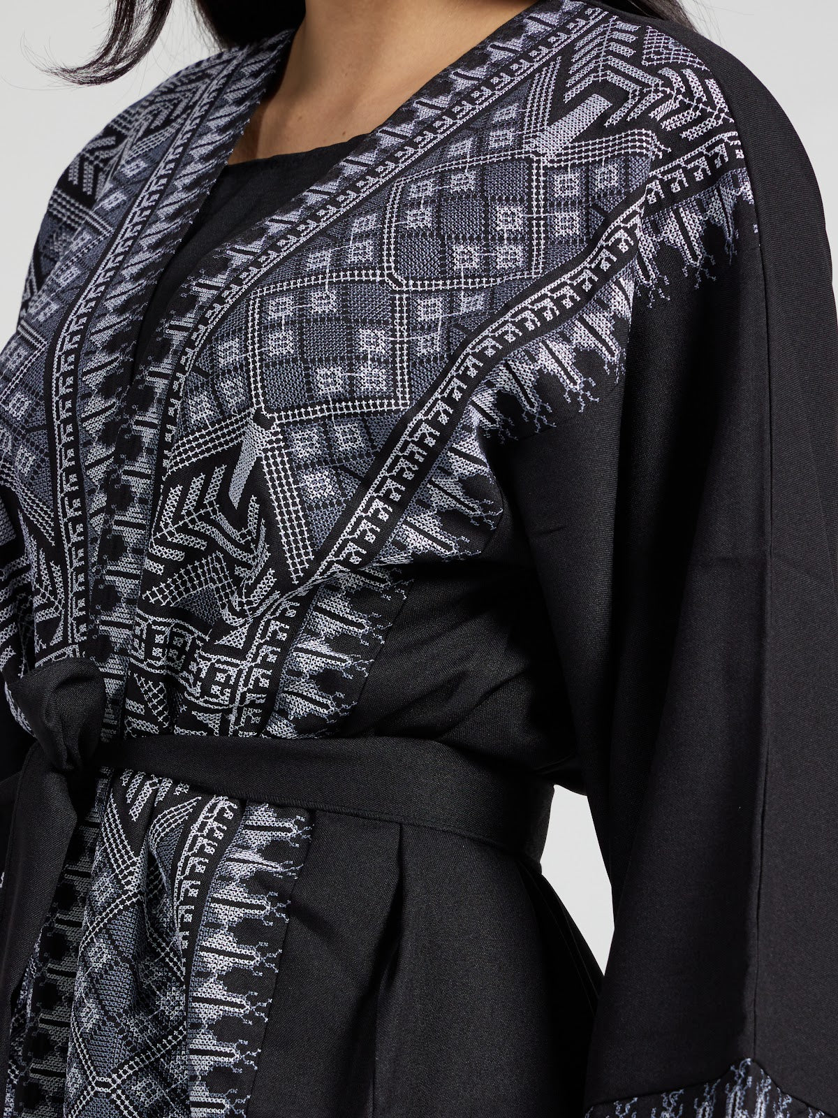 Women's Tribal Geometric Embroidered Abaya - Black & Blue Modest Kaftan