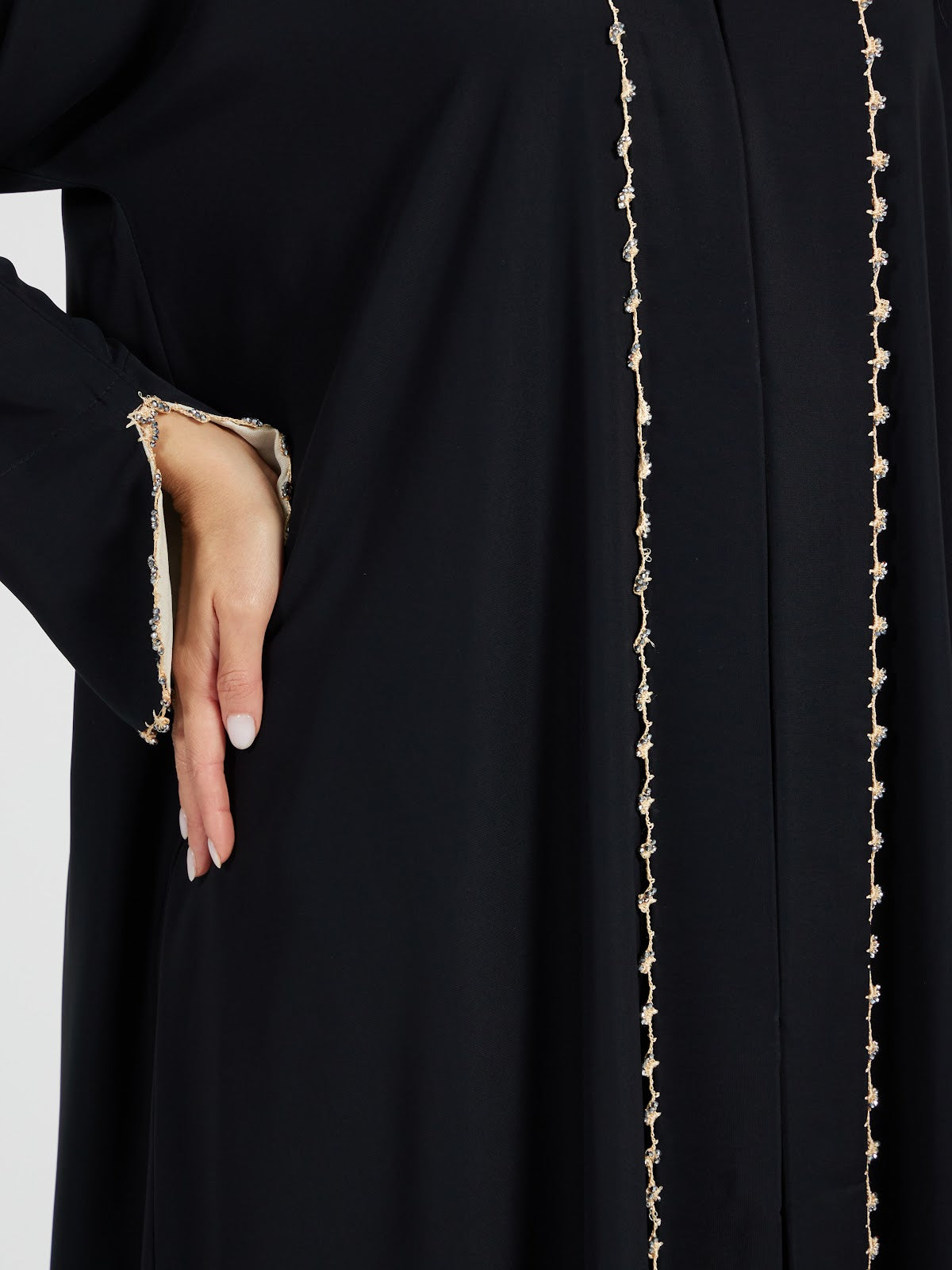 Gold Bead Trimmed Open Front Abaya