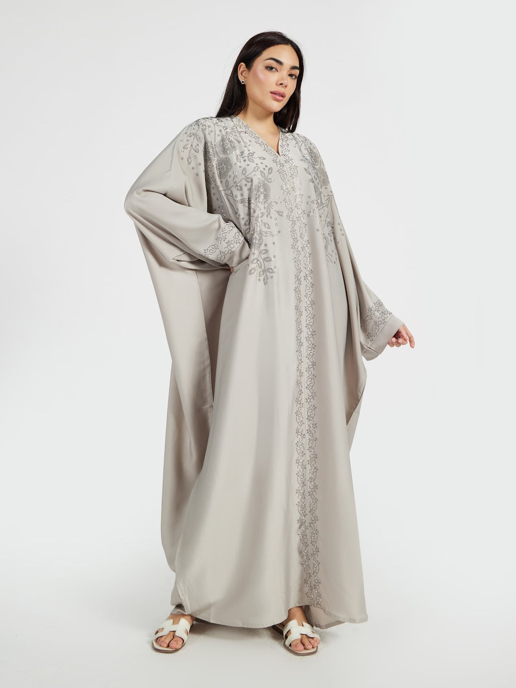 Elegant Light Grey Floral Embroidered V-Neck Abaya for Women