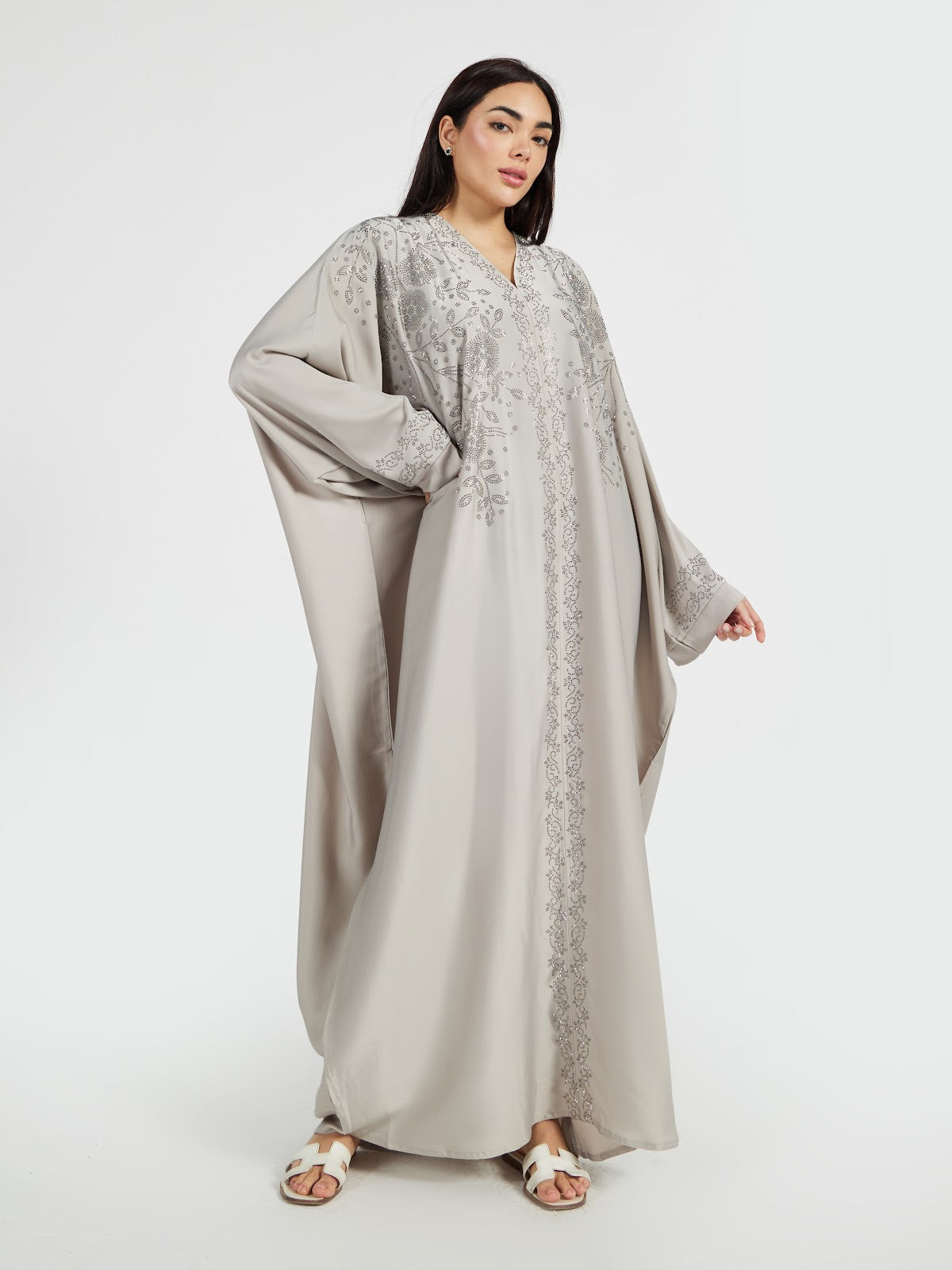 Elegant Light Grey Floral Embroidered V-Neck Abaya for Women