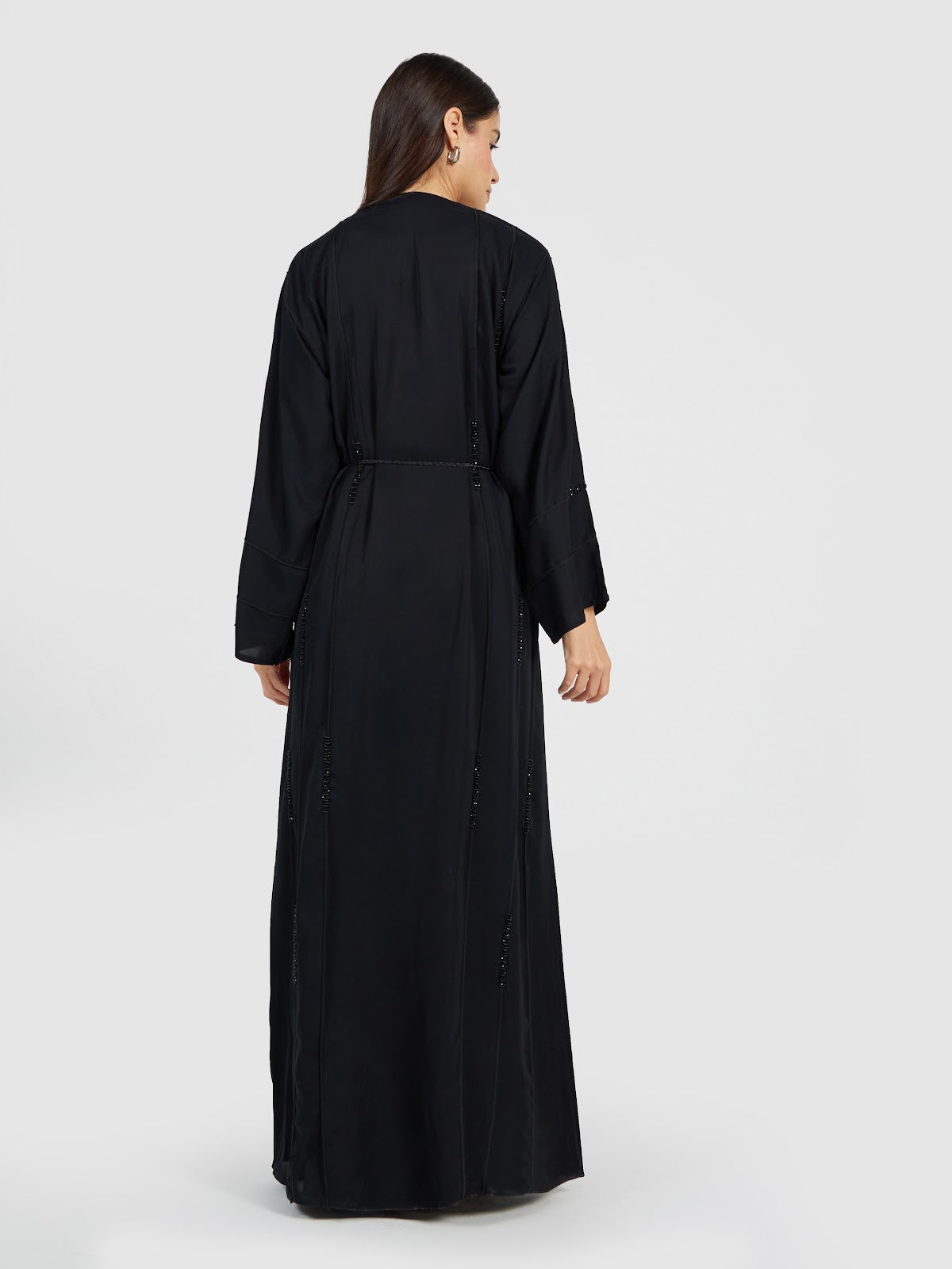 Minimalist Black Beaded Abaya - Vertical Tassel Detail Modest Dress