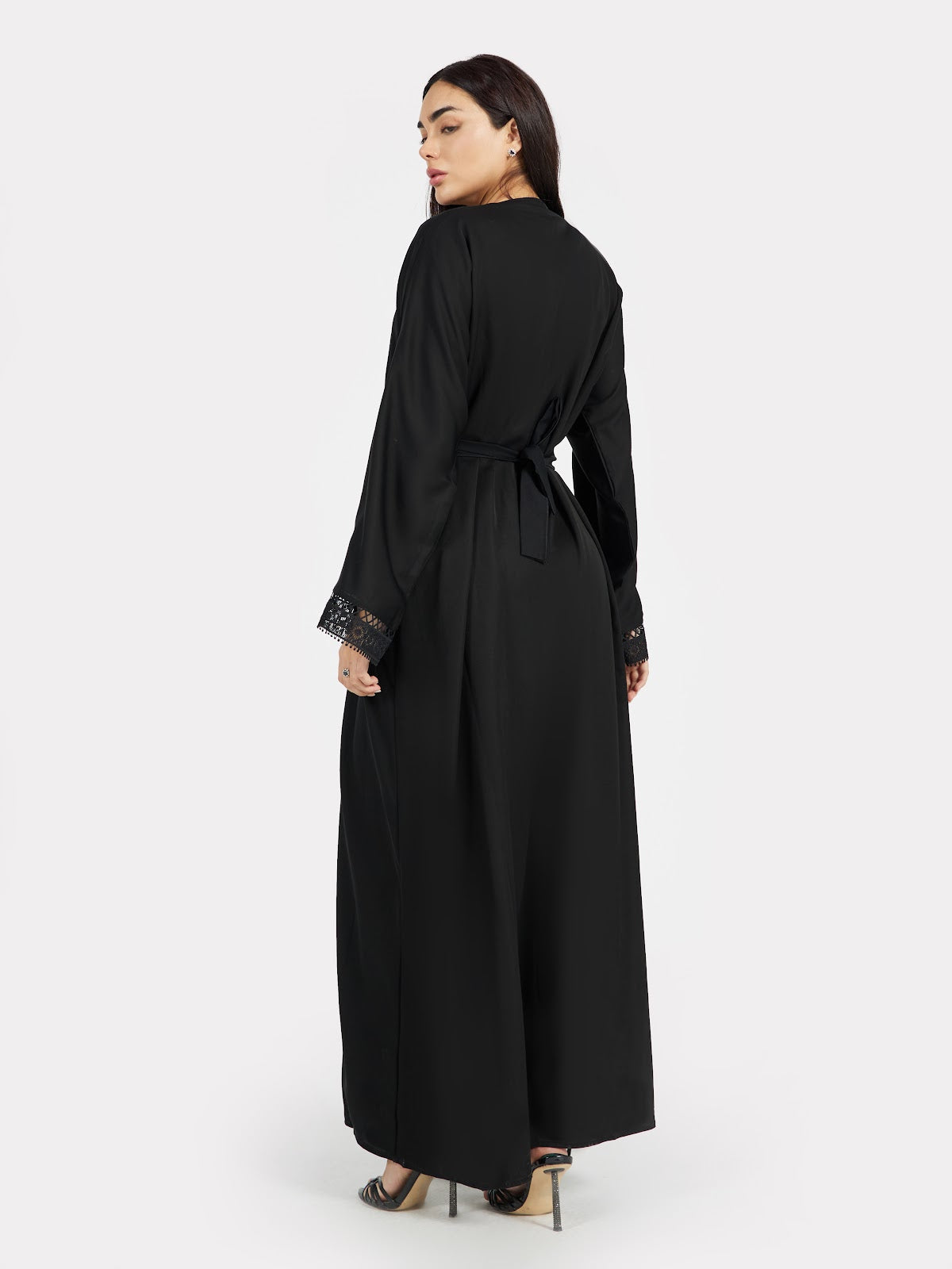 Classic Black Lace-Bordered Abaya with Matching Waist Belt