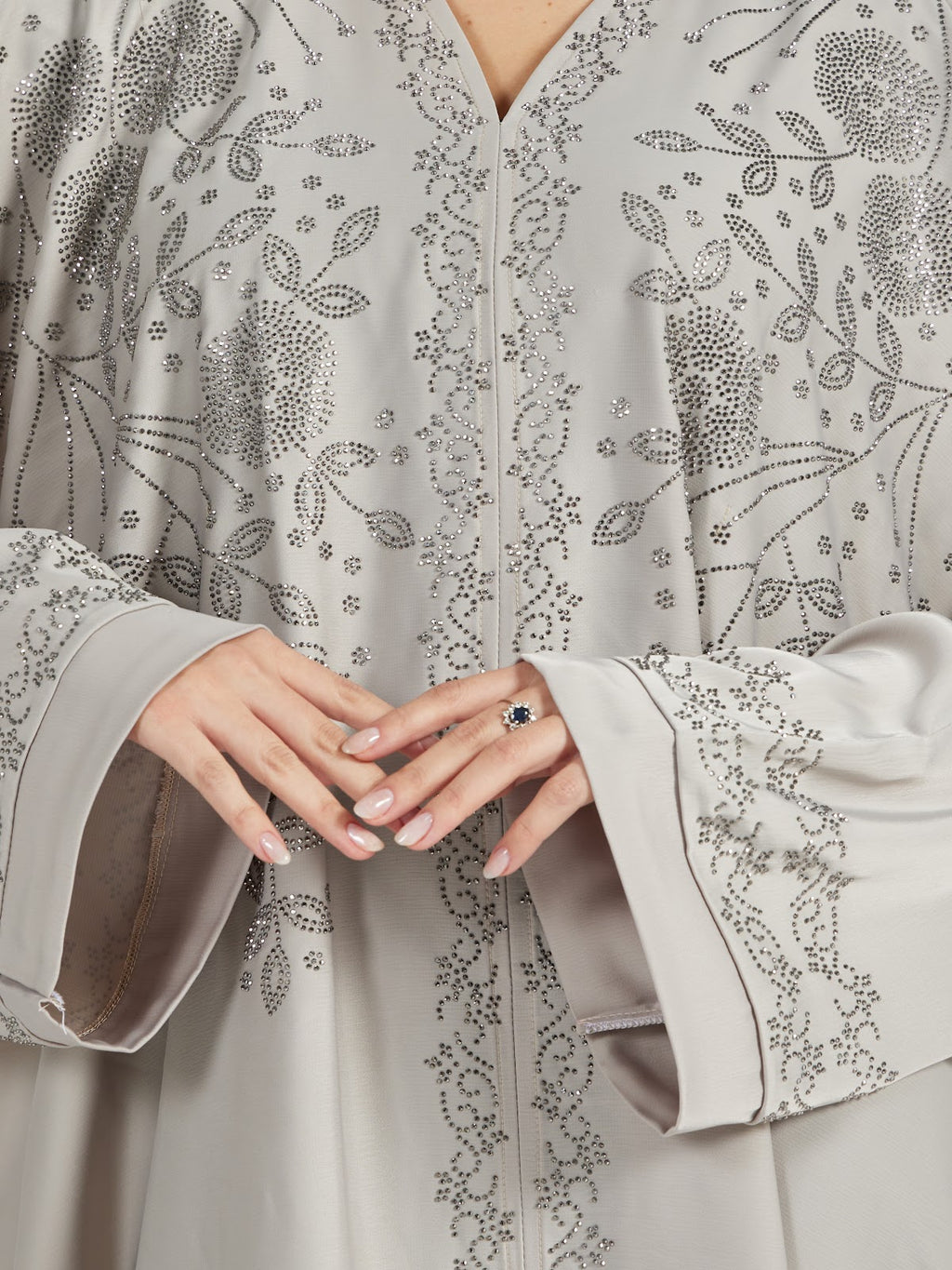 Elegant Light Grey Floral Embroidered V-Neck Abaya for Women
