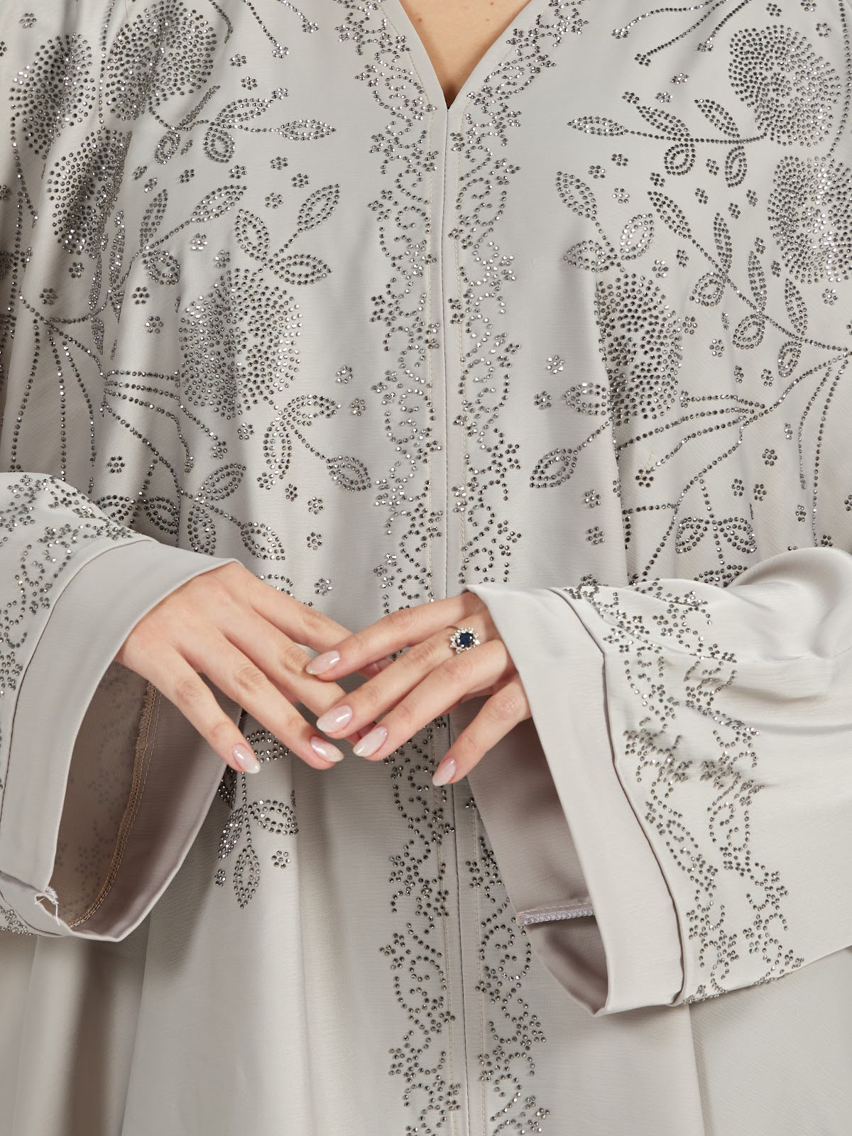 Elegant Light Grey Floral Embroidered V-Neck Abaya for Women