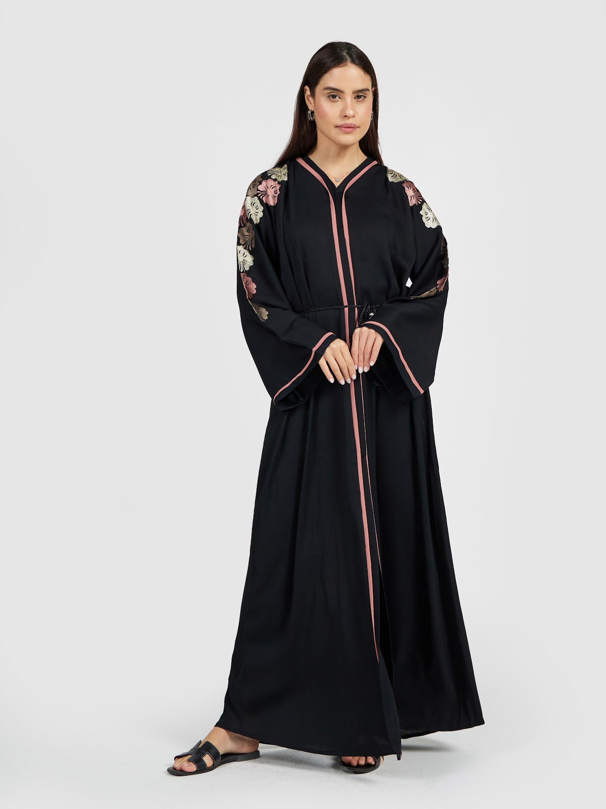 Black Floral Embroidered Abaya with Contrast Piping