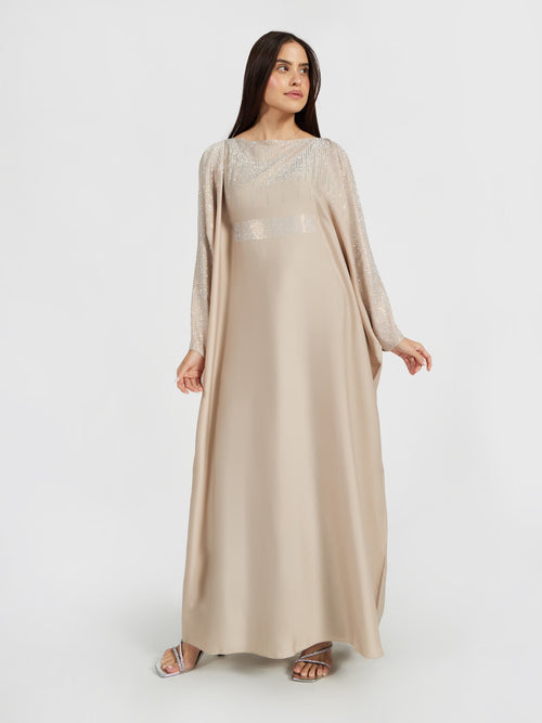 Champagne Luxury Kaftan with Silver Sequin Rain Embellishment