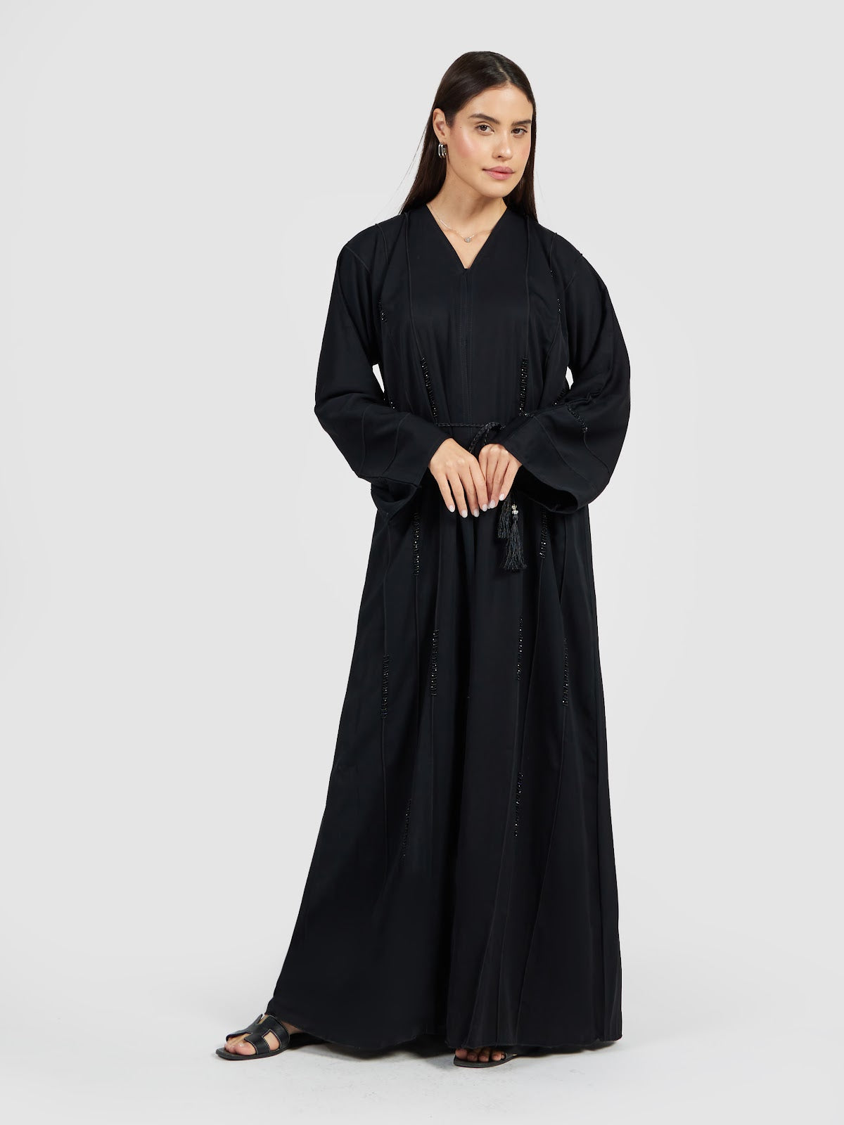 Minimalist Black Beaded Abaya - Vertical Tassel Detail Modest Dress