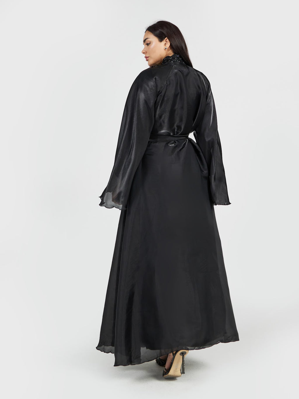 Elegant Jet Black Organza Abaya with Intricate Beadwork & Belt