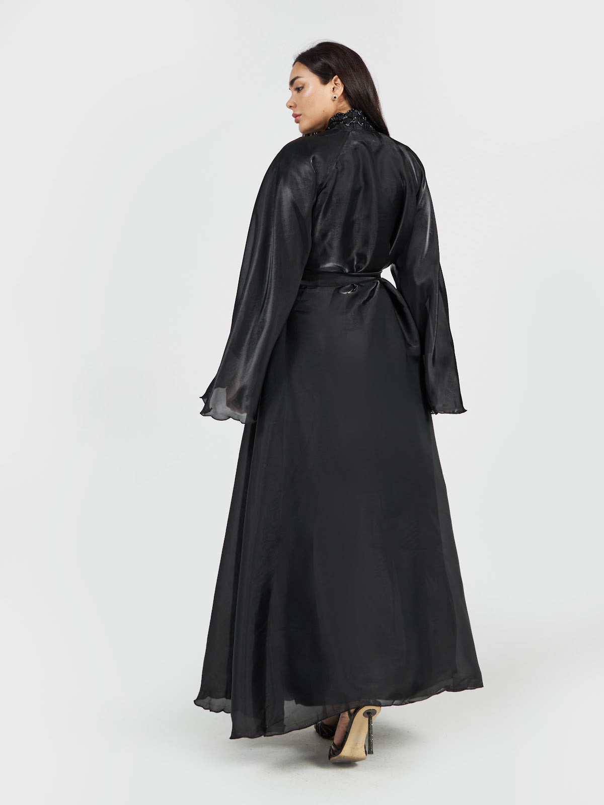 Elegant Jet Black Organza Abaya with Intricate Beadwork & Belt