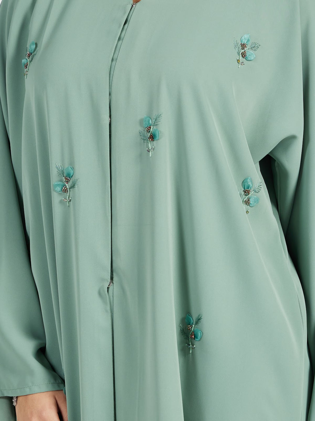 Mint Green Pastel Abaya with 3D Embellishments and Matching Scarf