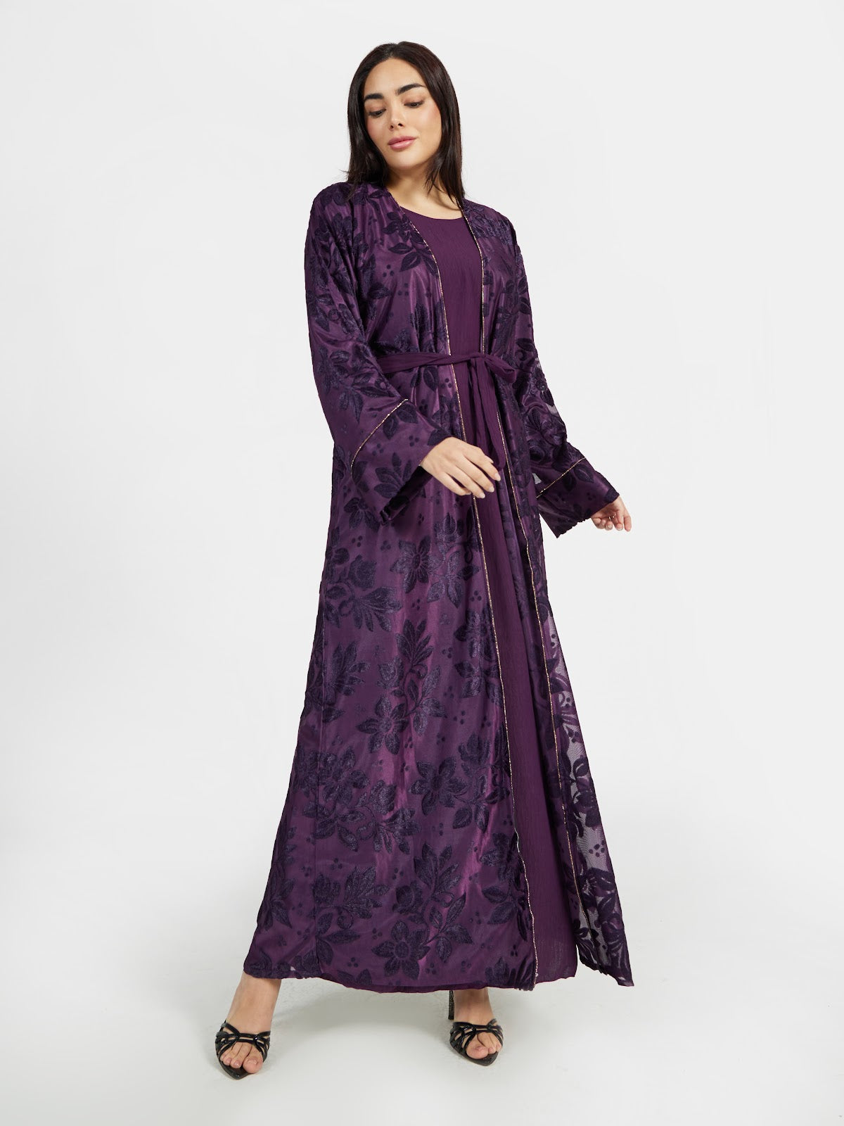 Deep Plum Textured Floral Lace Abaya Set
