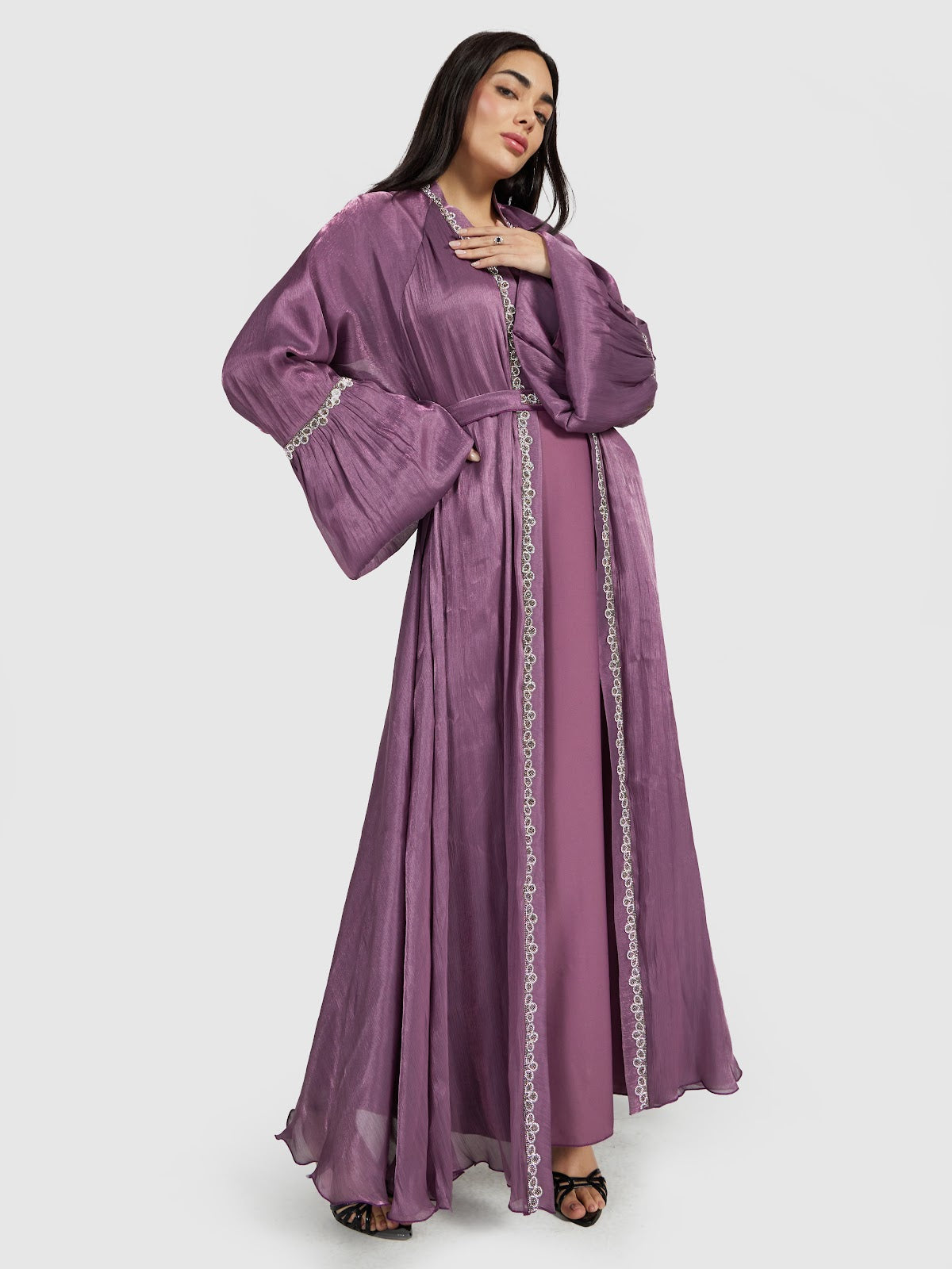 Shimmer Chiffon Bell-Sleeve Abaya Set with Silver Beaded Trim