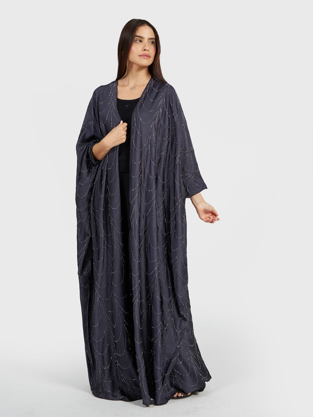 Women's Charcoal Grey Draped Abaya with Silver Sequin Wave Pattern