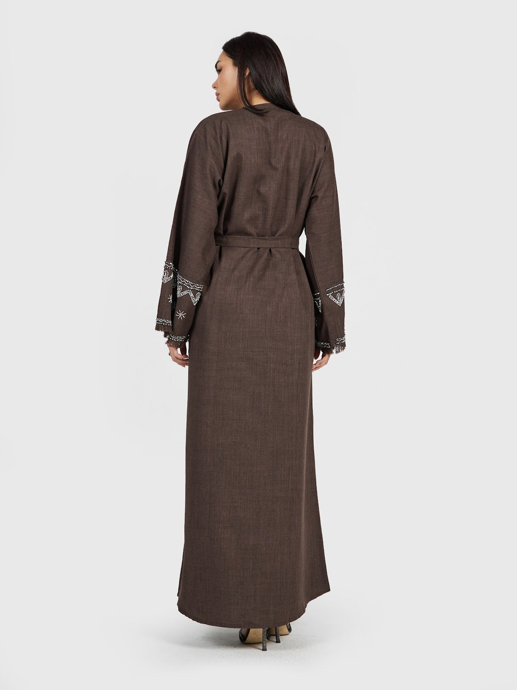 Women’s Chocolate Brown Linen Abaya - Embroidered Modest Long Cardigan