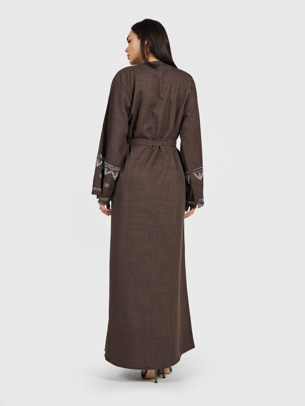 Women’s Chocolate Brown Linen Abaya - Embroidered Modest Long Cardigan