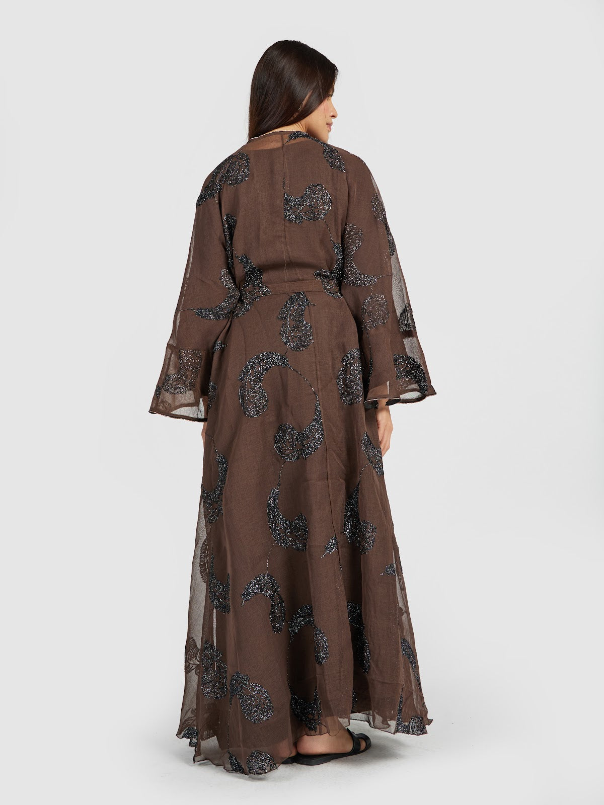 Earthy Bronze Marble Print Organza Abaya with Sequin Accents