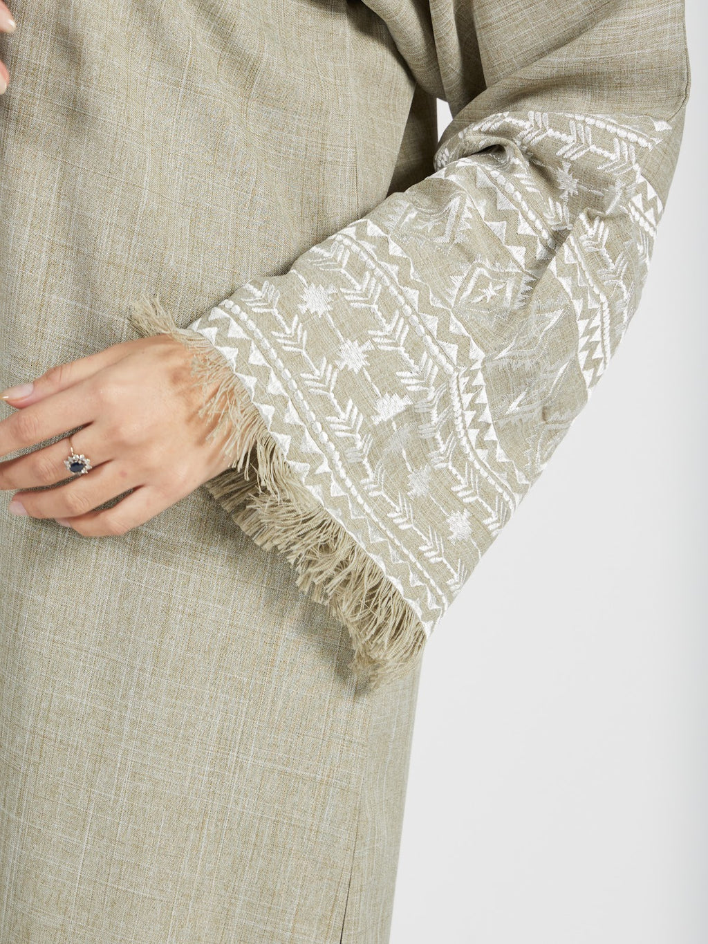 Sage Green Textured Kaftan Abaya with Tribal Sleeve Embroidery